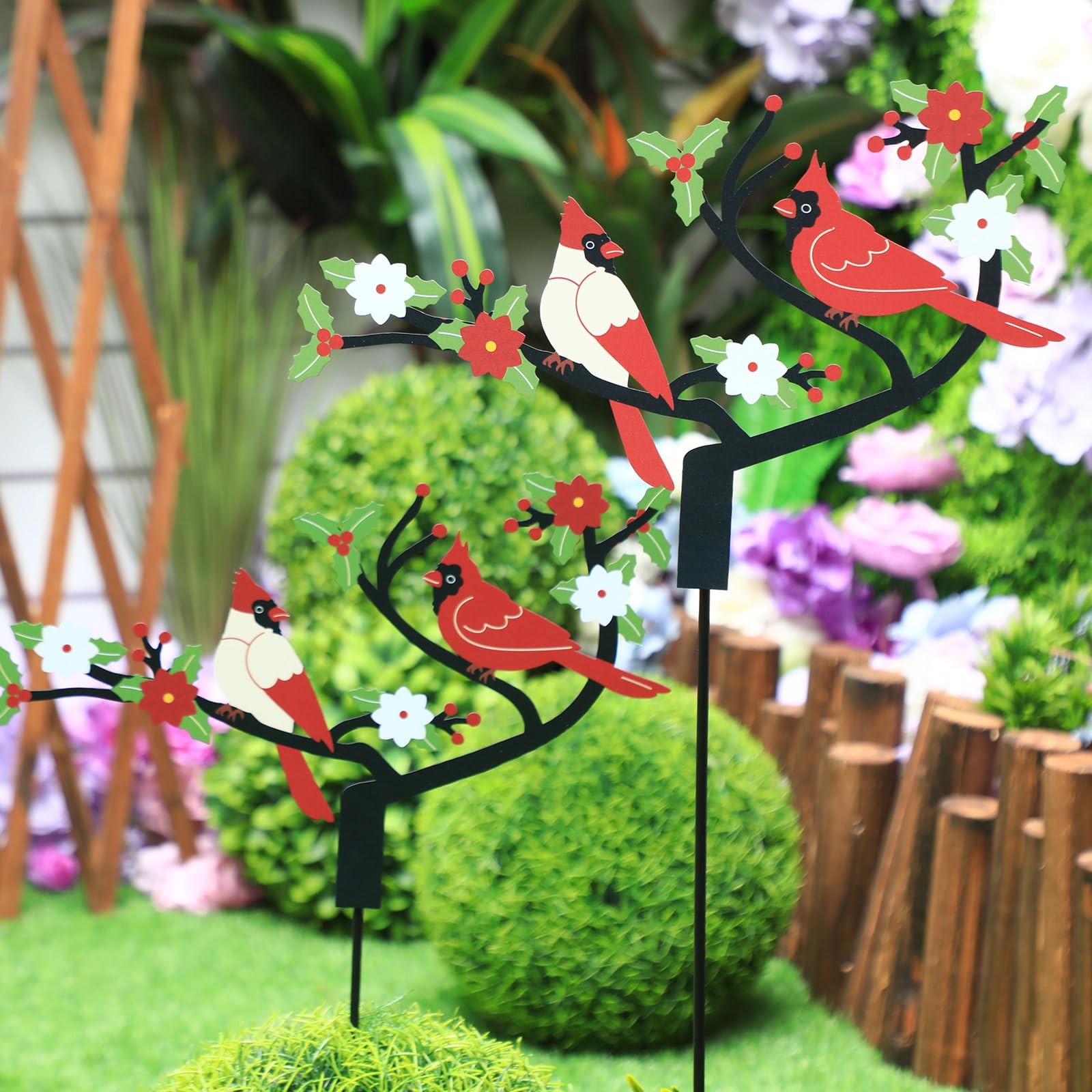 4 Pcs Cardinal Garden Stakes – Red Metal Bird Decorations for Lawn & Patio