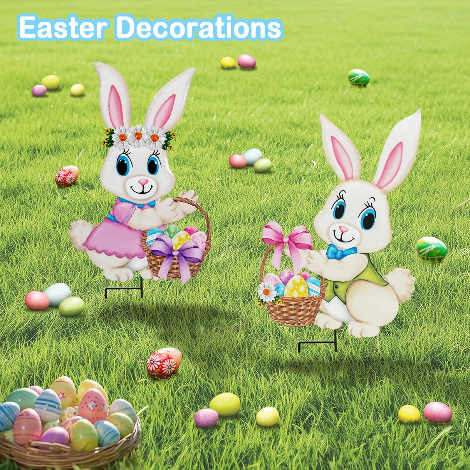 Easter Decorations Outdoor 2 Pack Metal Bunny Yard Signs & Egg Stakes