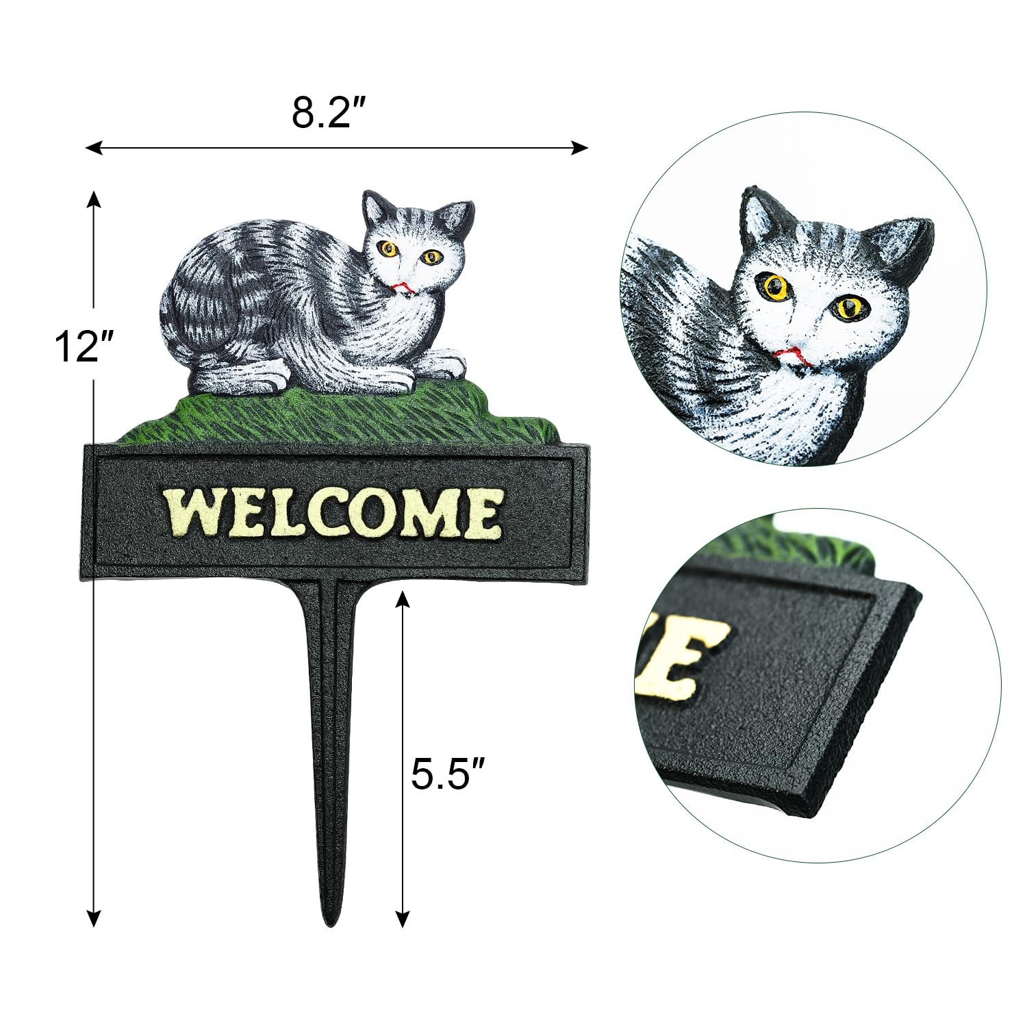 Vintage Cast Iron Garden Stake Welcome Sign, 12″ Tall & Cat Design