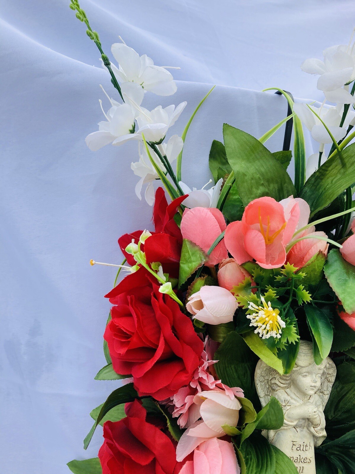 Pink & Red Summer Silk Flowers W/Angel For Cemetery Bevel/grave Marker, Memorial
