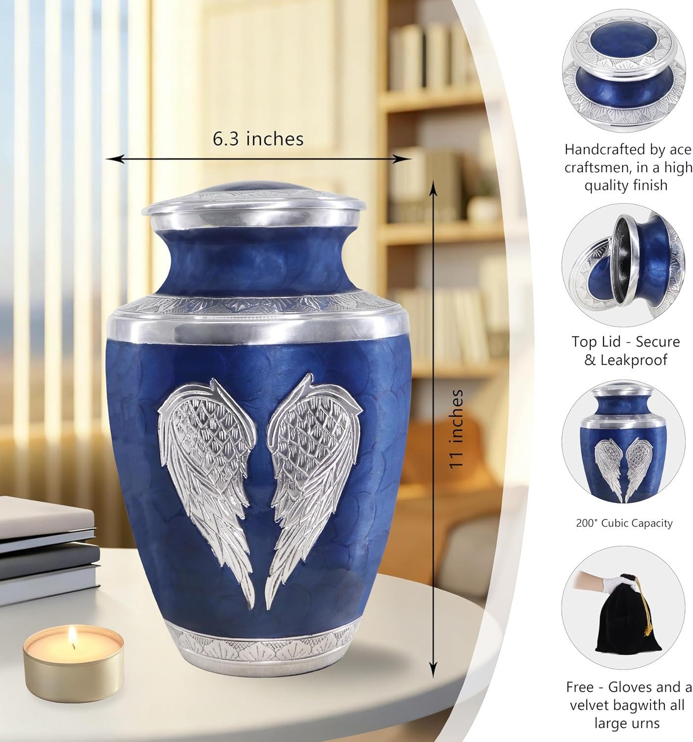 Elegant Silver Angel Wings Urn for Adult Ashes – Dark Blue & Silver Large
