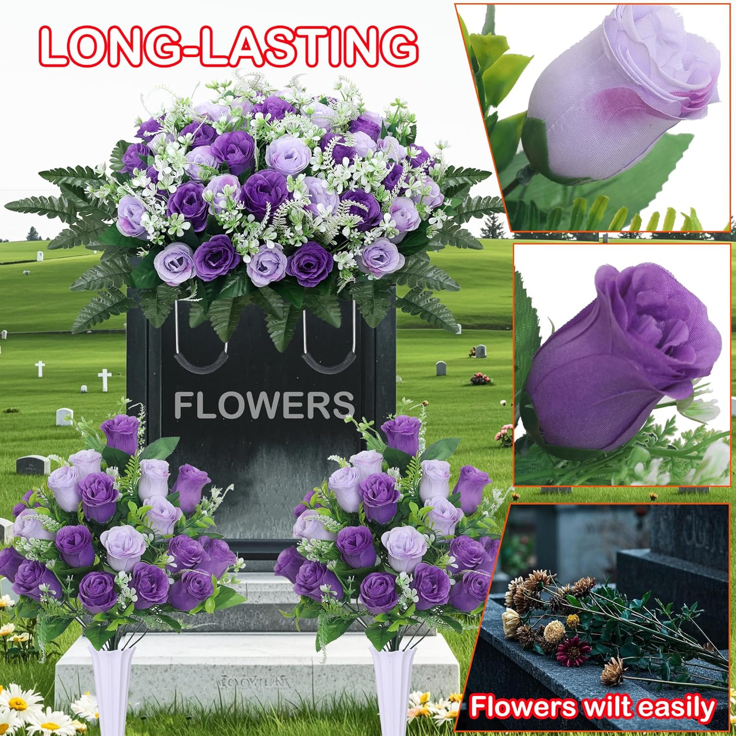 3Pcs Headstone Flowers Saddle for Tombstone,Cemetery Flower Memorial Bouquet wit