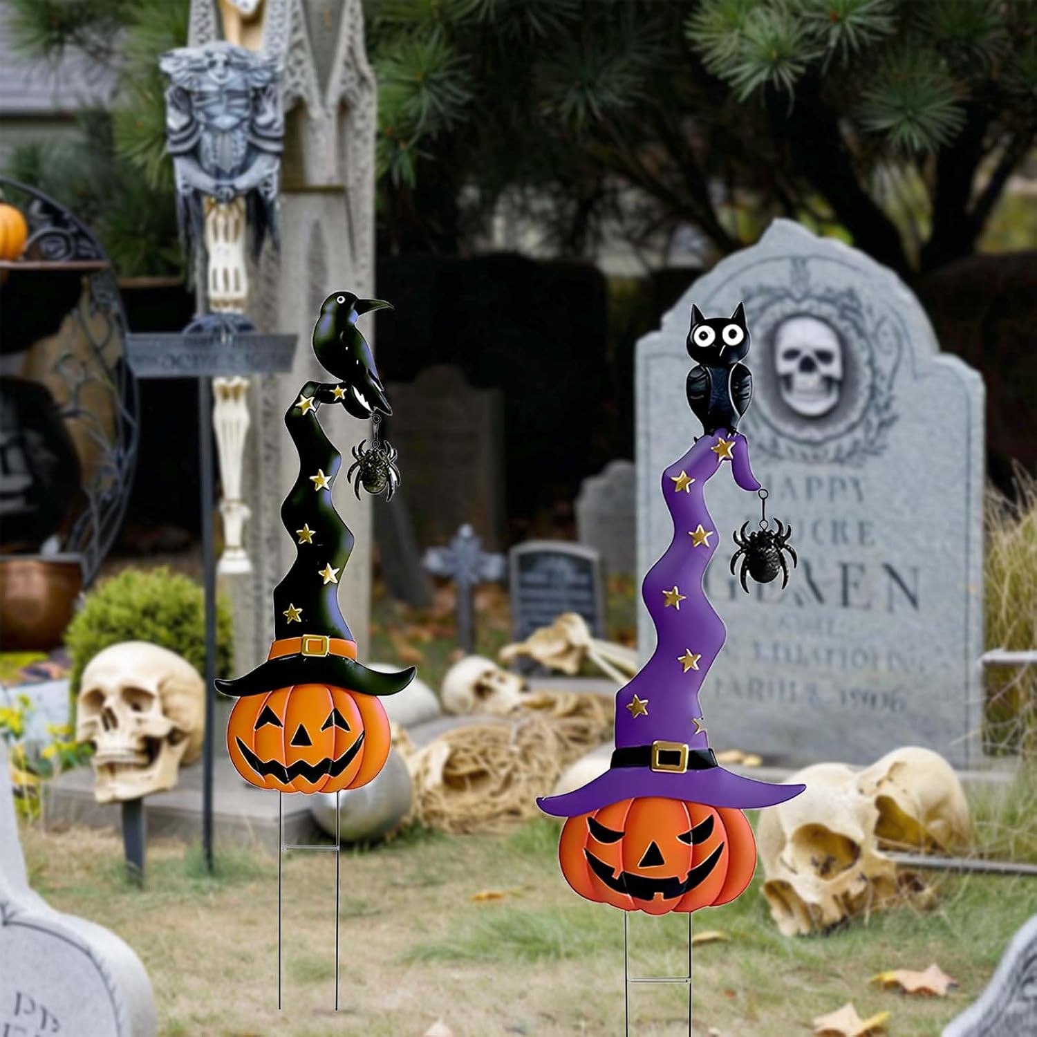 2 Pack Halloween/Thanksgiving Garden Decorations, Metal Jack-O-Lantern Stakes wi