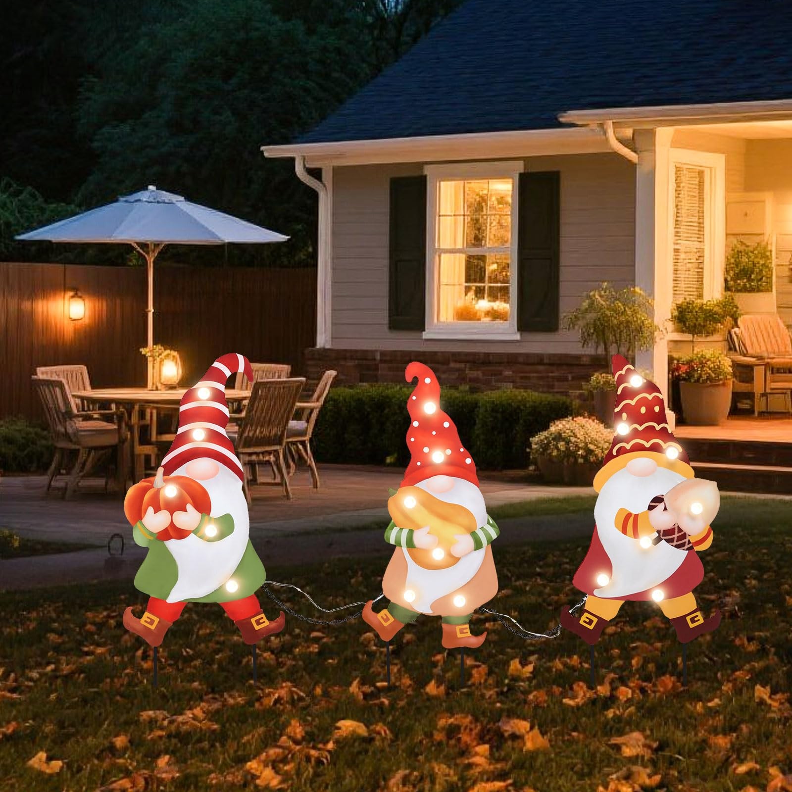 3 PCS Fall Yard Sign Metal Gnomes Decorative Garden Stakes with Led Lights Au…