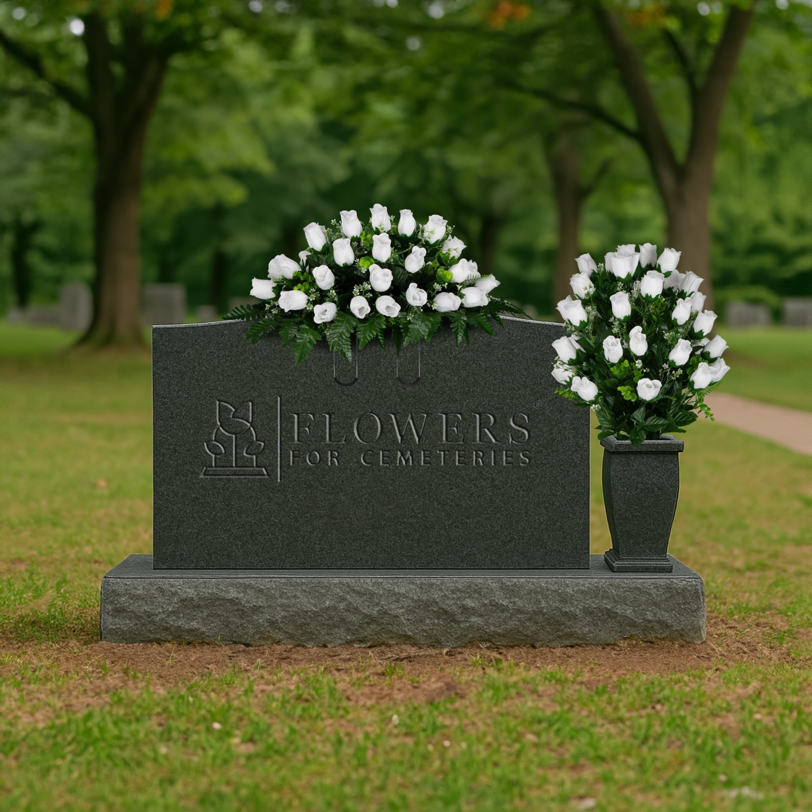 Artificial Cemetery Flowers – White Rose Saddle & Matching Bouquet