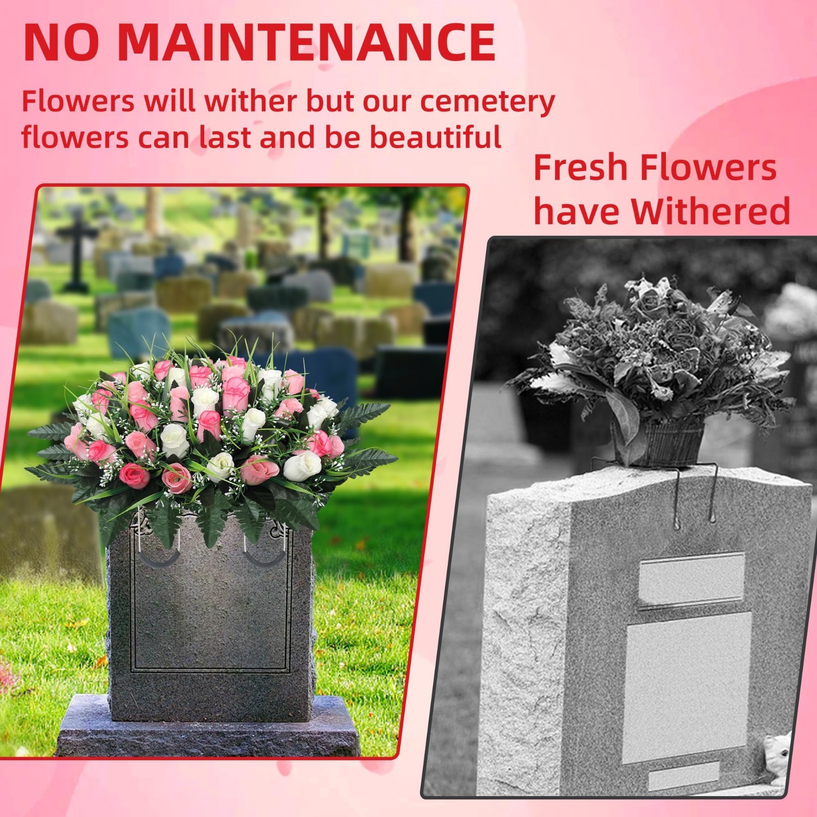 Cemetery Flowers for Grave Decoration – Headstone Flower Saddle (Pink & White)