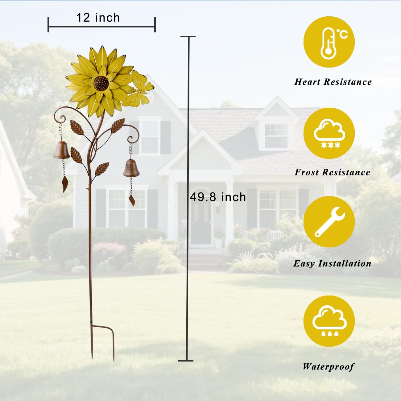 Sunflower Garden Stake With Bells Decorative Yard Patio Decor Art