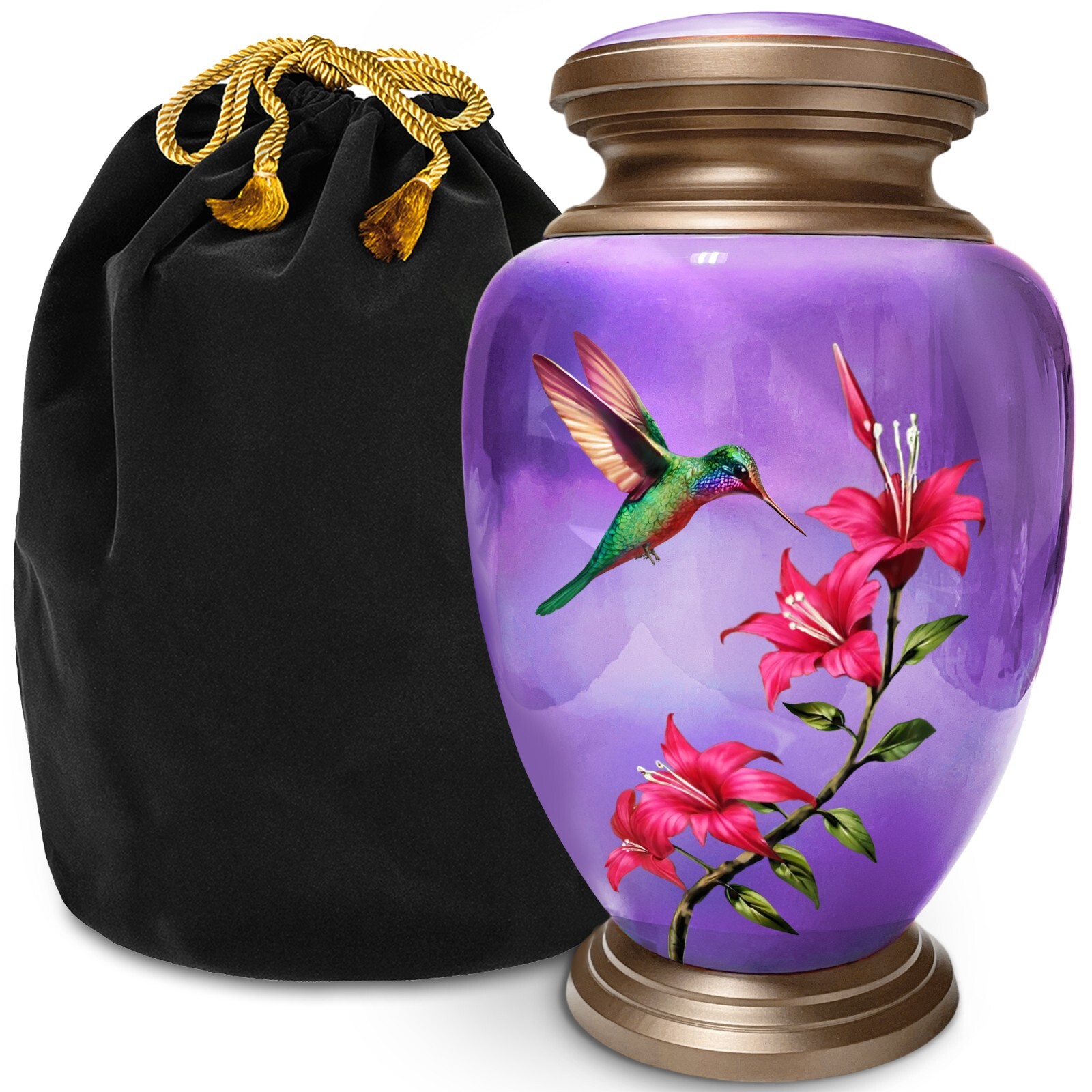 Hummingbird Purple Adult Cremation Urn for Human Ashes, Large with Velvet Bag