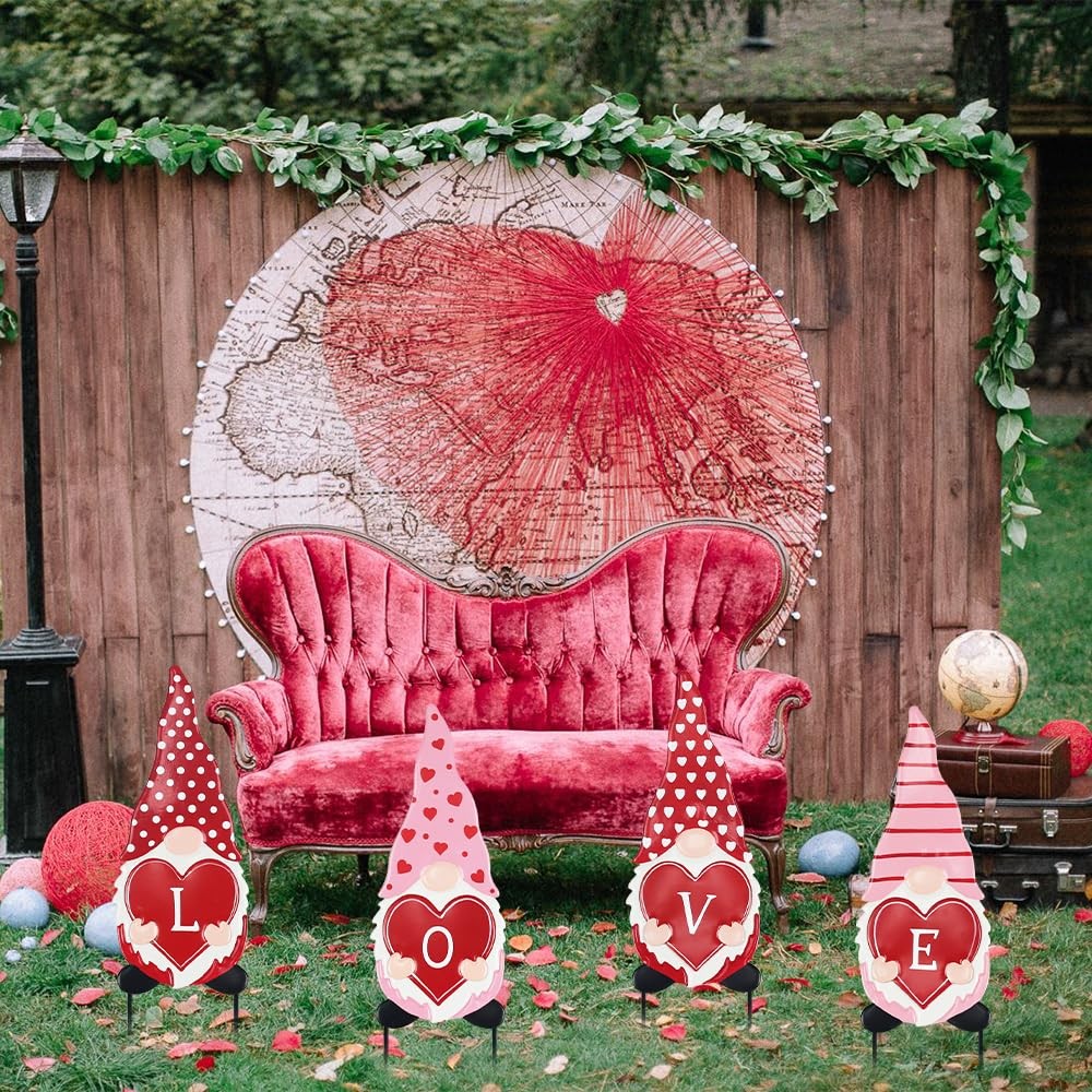 Valentines Day Decorations Outdoor, 4 Pcs Metal Gnomes Decorative Garden Stak…