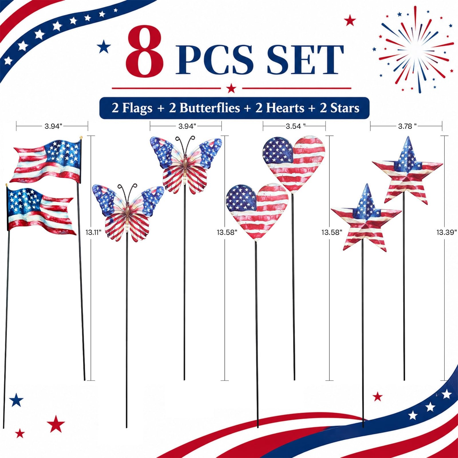 8 Pcs 4th of July Decorations Outdoor,Patriotic Metal Stars Butterflies Heart…