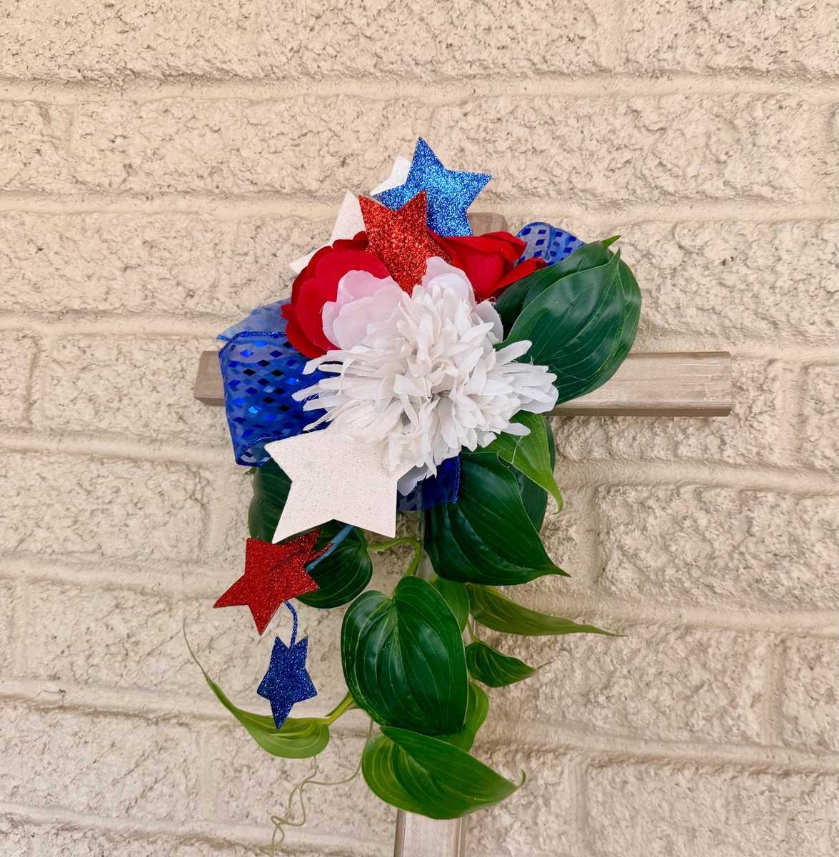 Cemetery Cross Decoration, Red White Blue Floral Memorial Grave Arrangement 24”