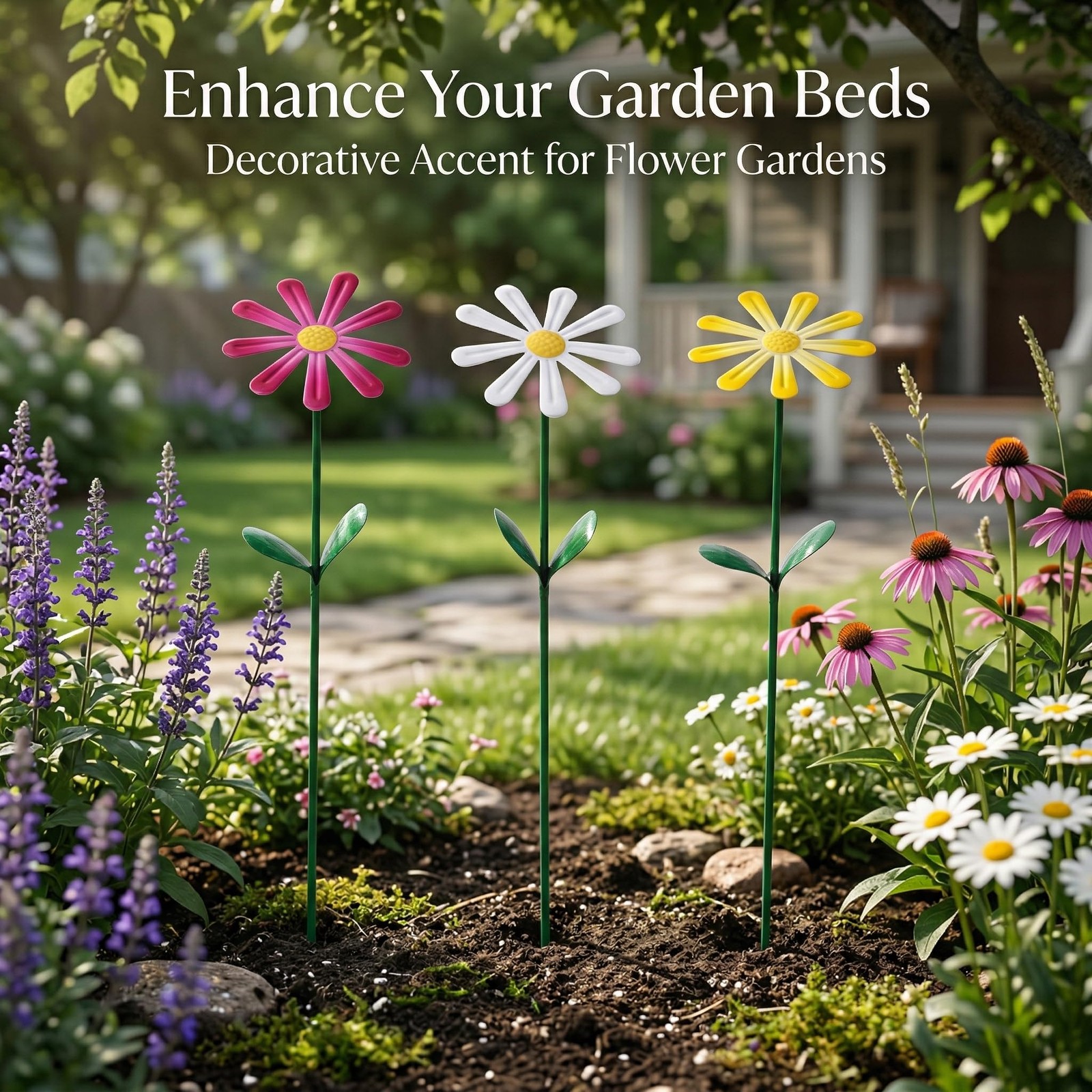 Garden Stake Decor Waterproof Metal Sunflower Daisy for Lawn & Patio, Set of 3