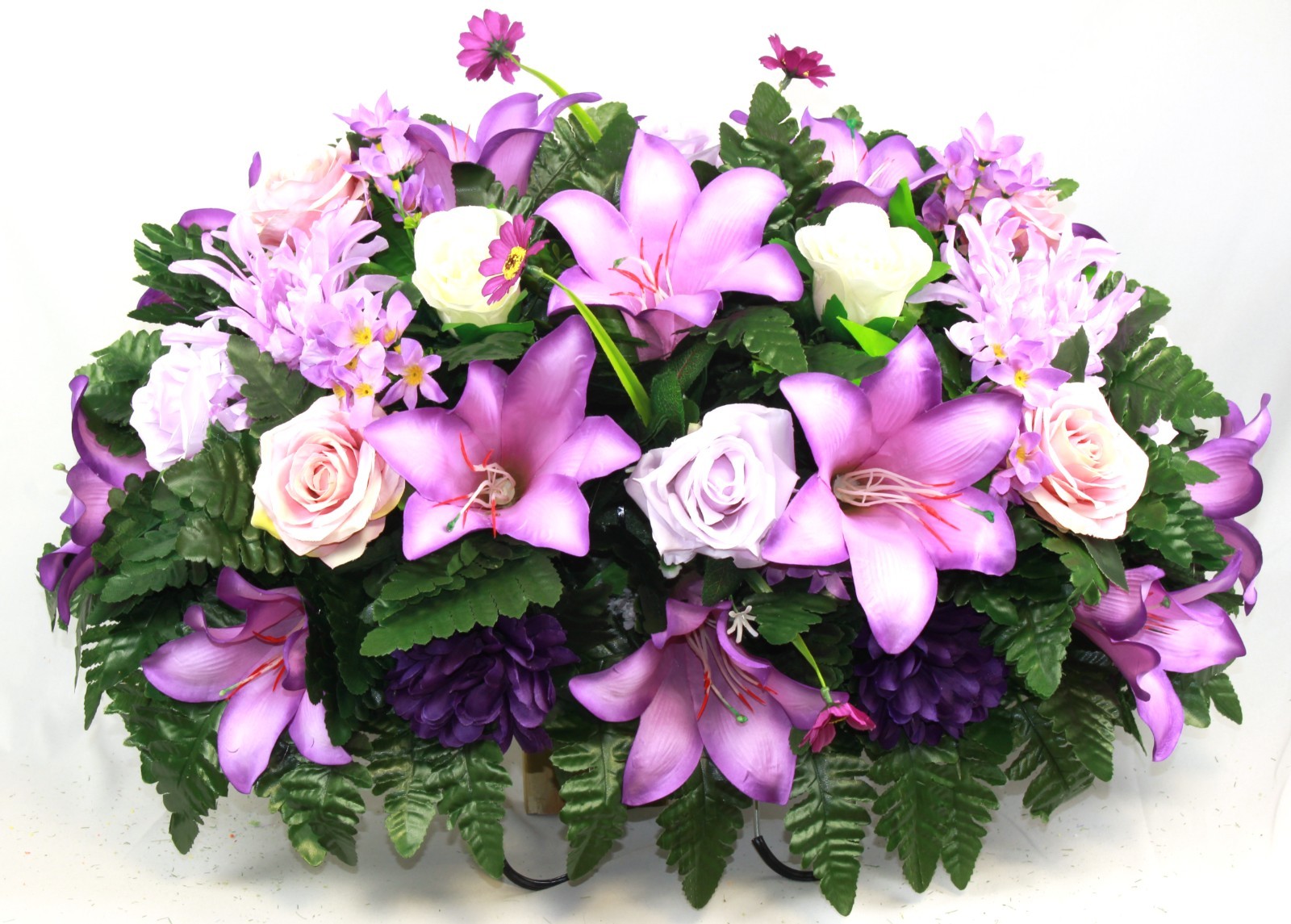 XL Handcrafted Purple Spring Mixture Cemetery Saddle Flower Arrangement