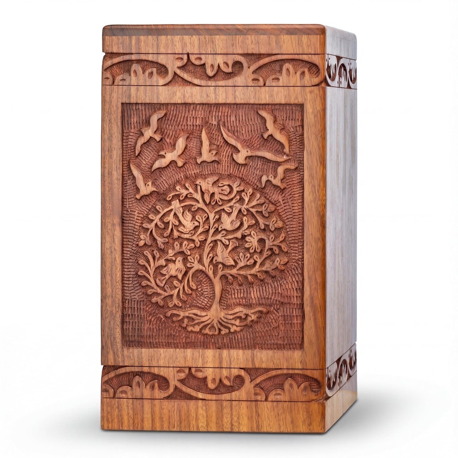 Handcarved Wooden Cremation Urn for Human Ashes – Tree of Life, 250 lbs Capacity