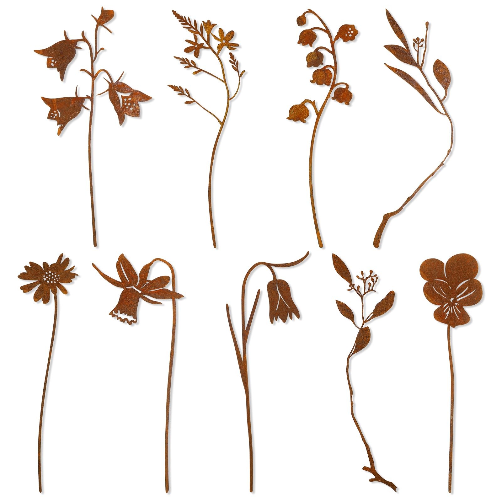 RumonZS 9 Pcs Rusty Metal Flowers Rustic Spring Plants Rusty Metal Garden Sta