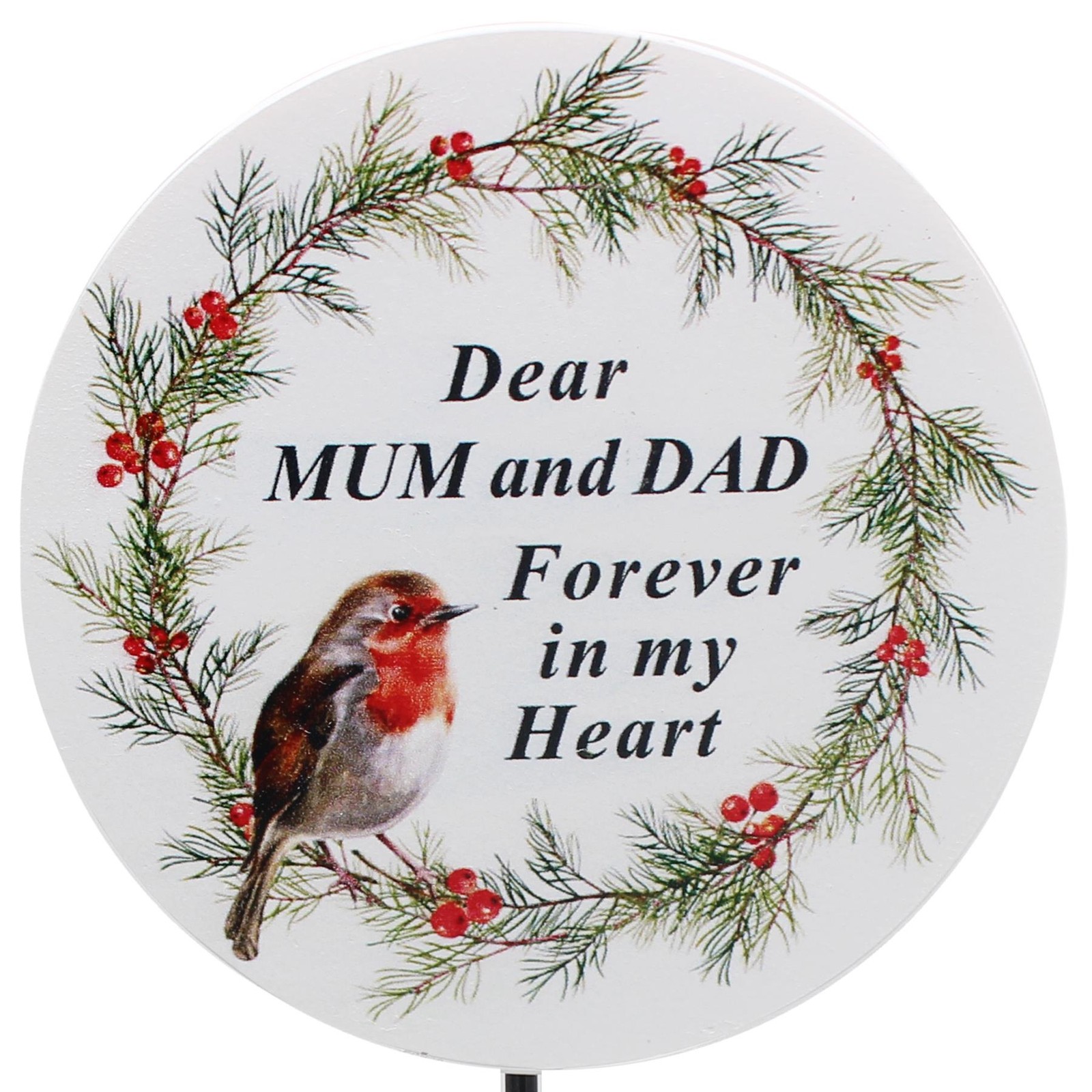 Graveside Memorial Plaque on a Stick with Robin and Wording – Mum and Dad