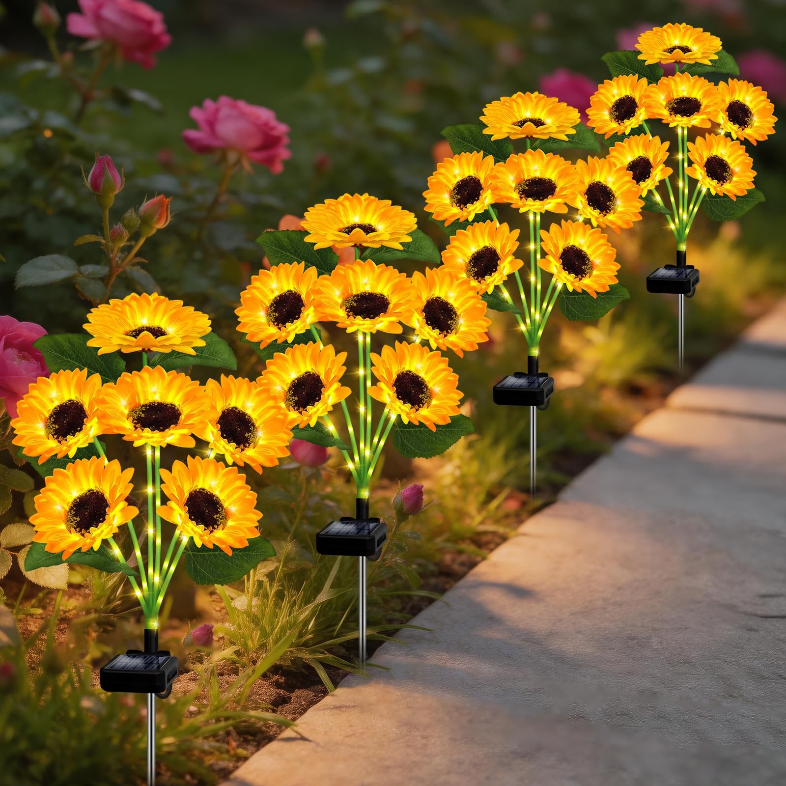 Solar Lights Outdoor Garden Decor,4 Pack with 24 Sunflower Lights,Solar Flowe…