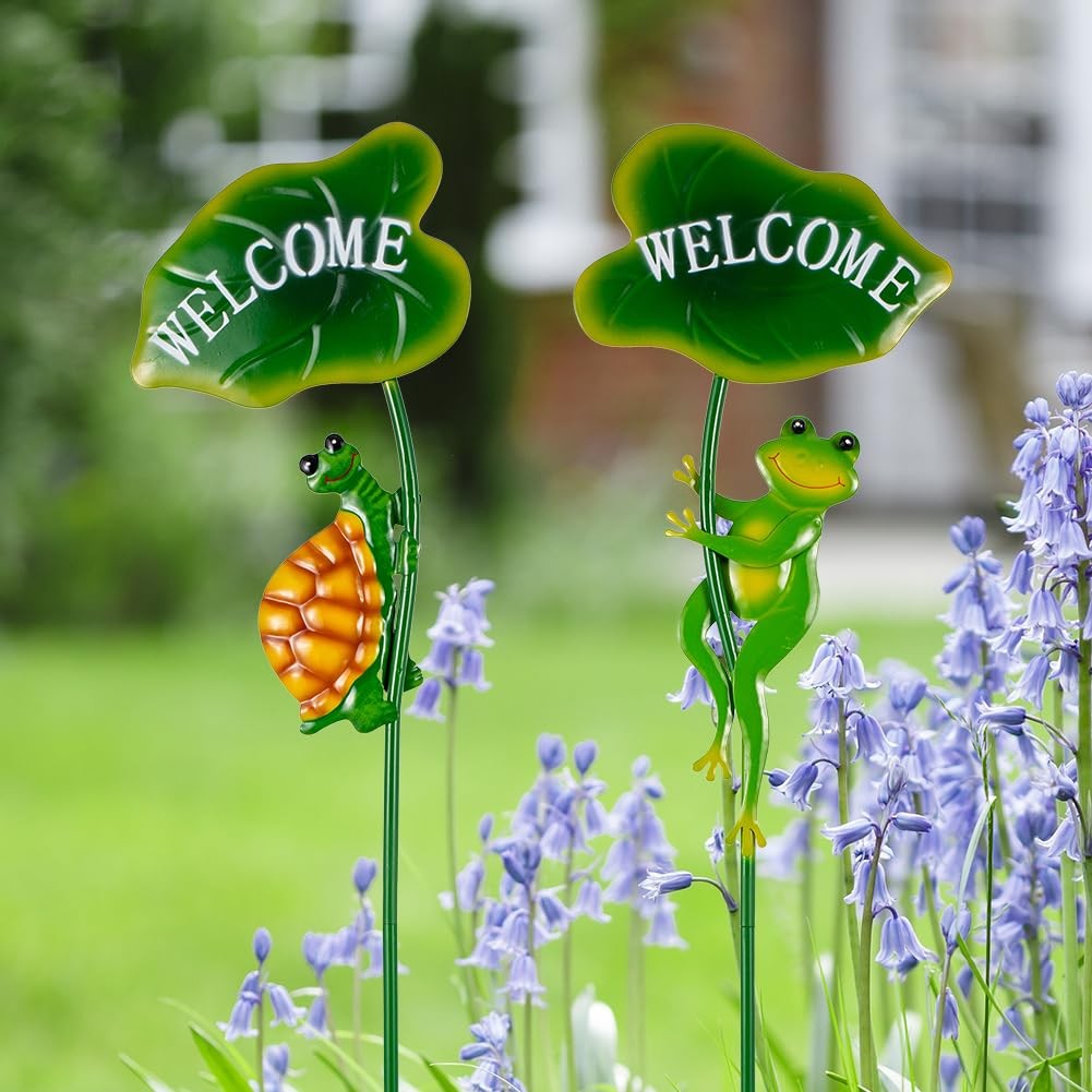 Frog Garden Stakes – Metal Tortoise Yard Art for Outdoor Pathway and Patio