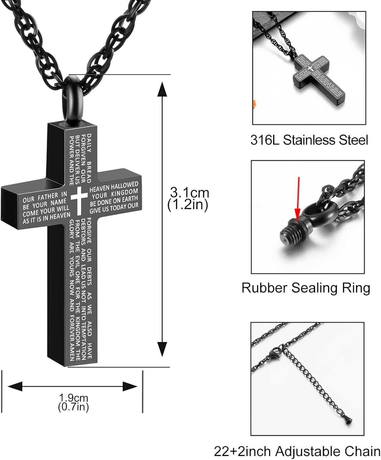 Cremation Cross Urn Necklace for Ashes Memorial Lords Prayer Jewelry Men Women