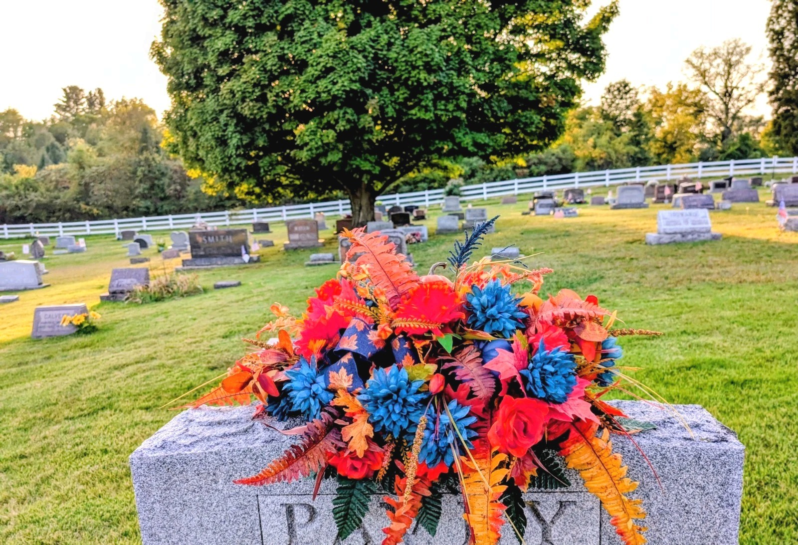 Autumn blue and orange pumpkin headstone saddle