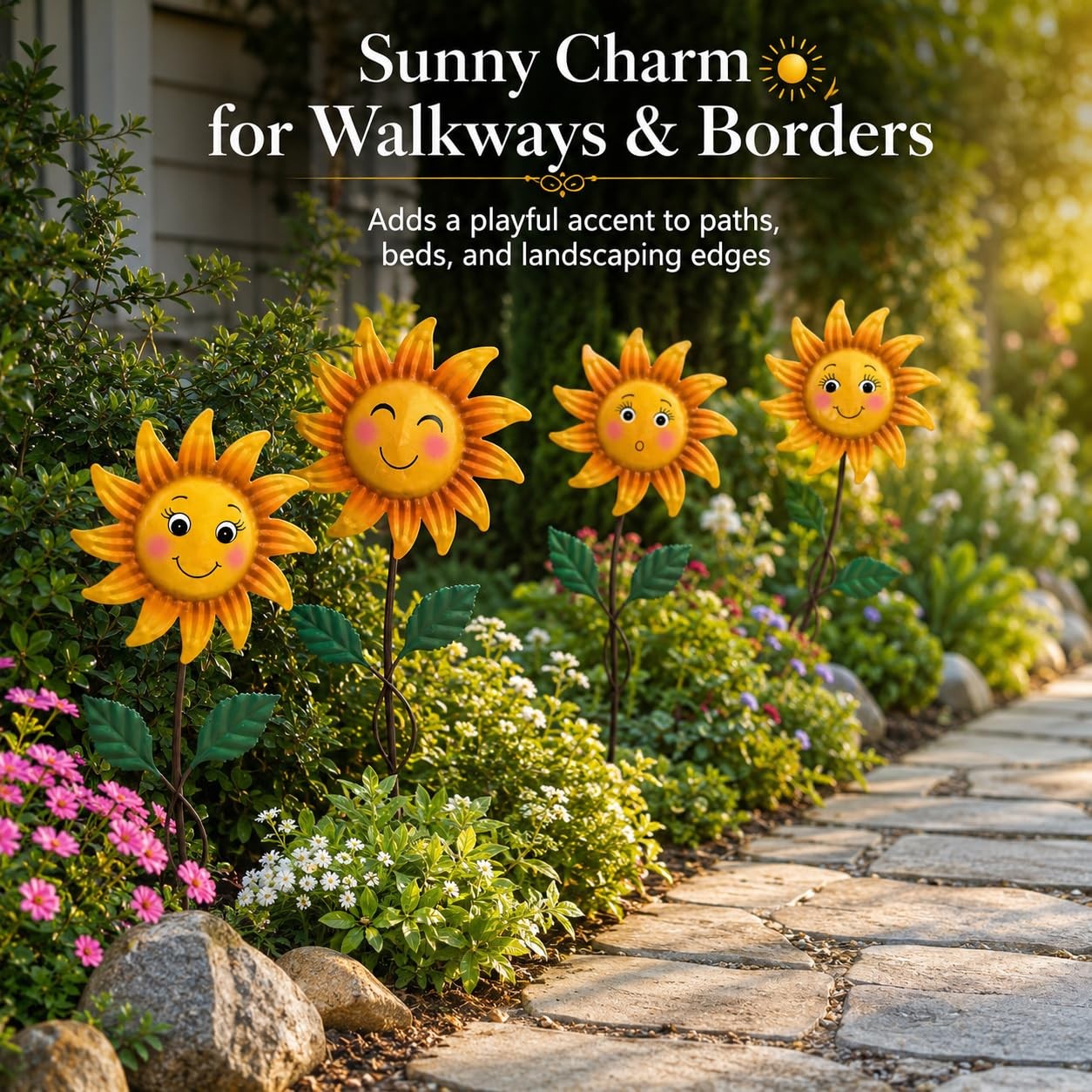 Charming 4-Pack Metal 20.5″ Smiley Sunflower Garden Stakes for Outdoor Decor