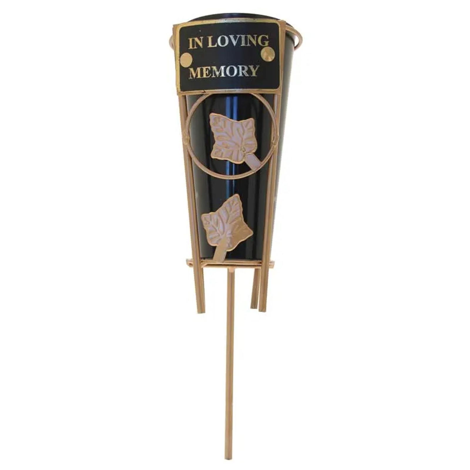 Black Graveside Memorial Flower Vase In Gold Stand with Plaque- In Loving Memory