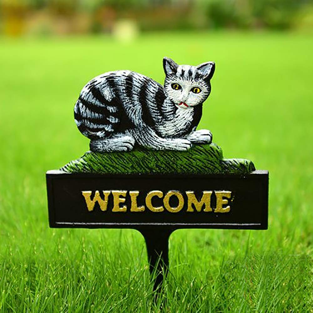 Vintage Cast Iron Garden Stake Welcome Sign, 12″ Tall & Cat Design