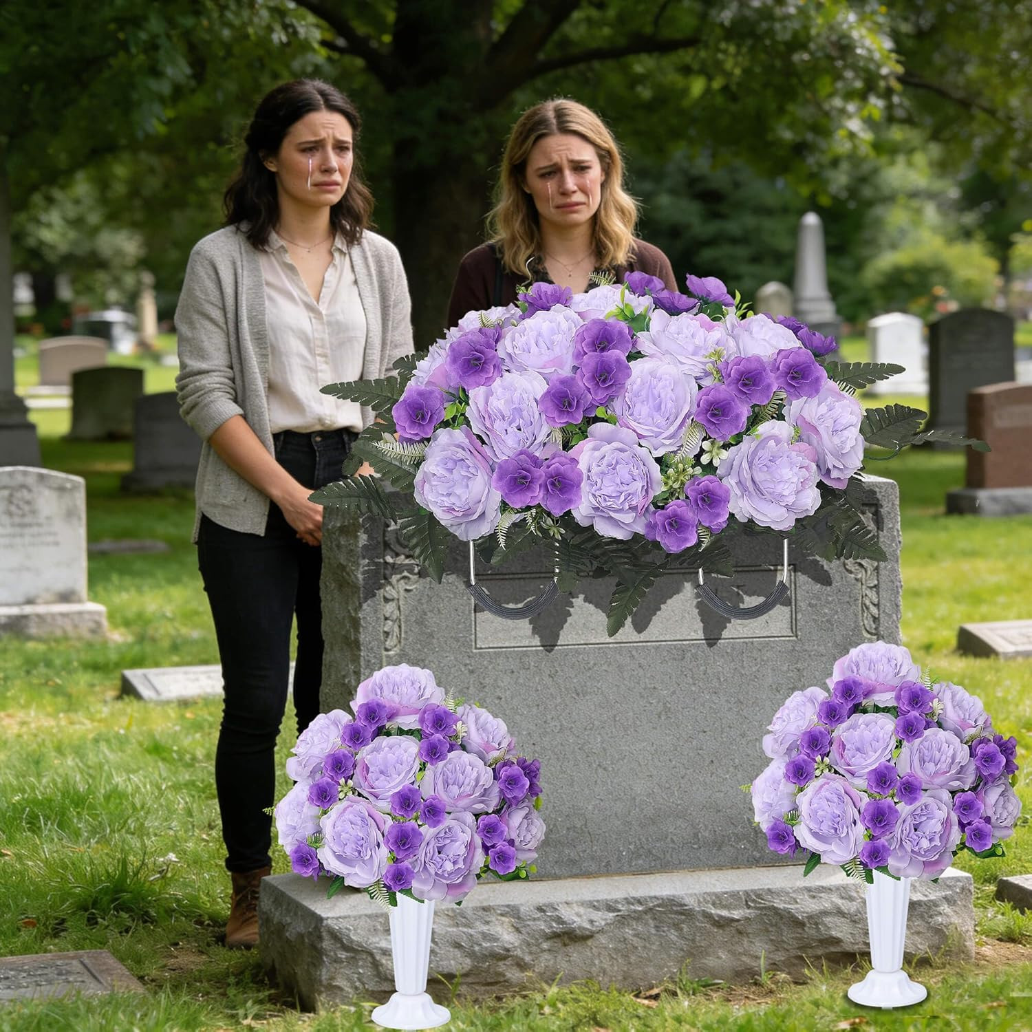 Grave Decorations for Cemetery Headstone Flower Saddle 2PC Artificial Peony Flow