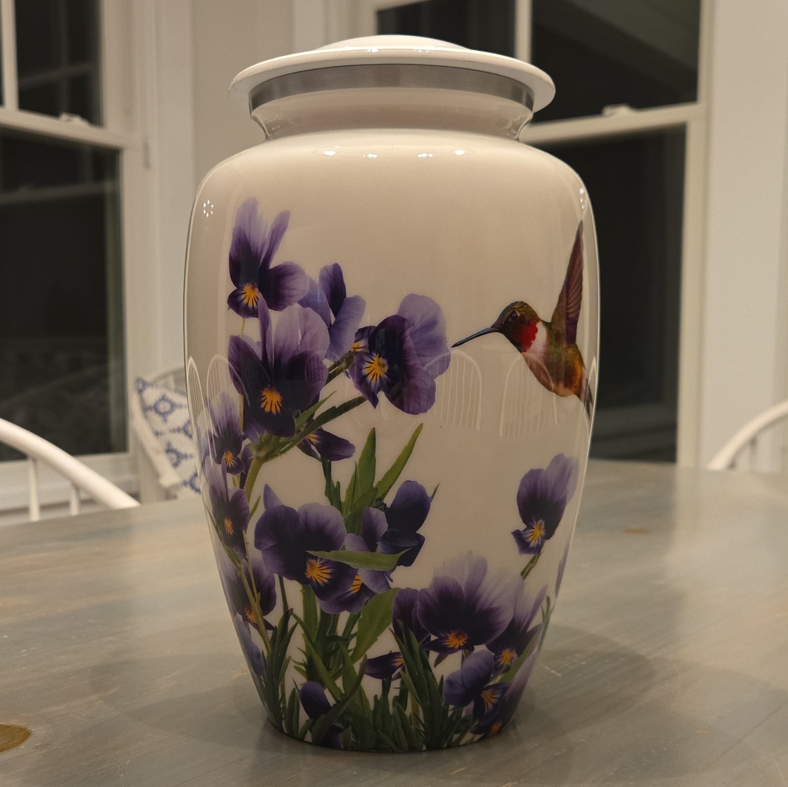 Smart Choice Metal Cremation Urn with Hummingbird and Purple Flowers