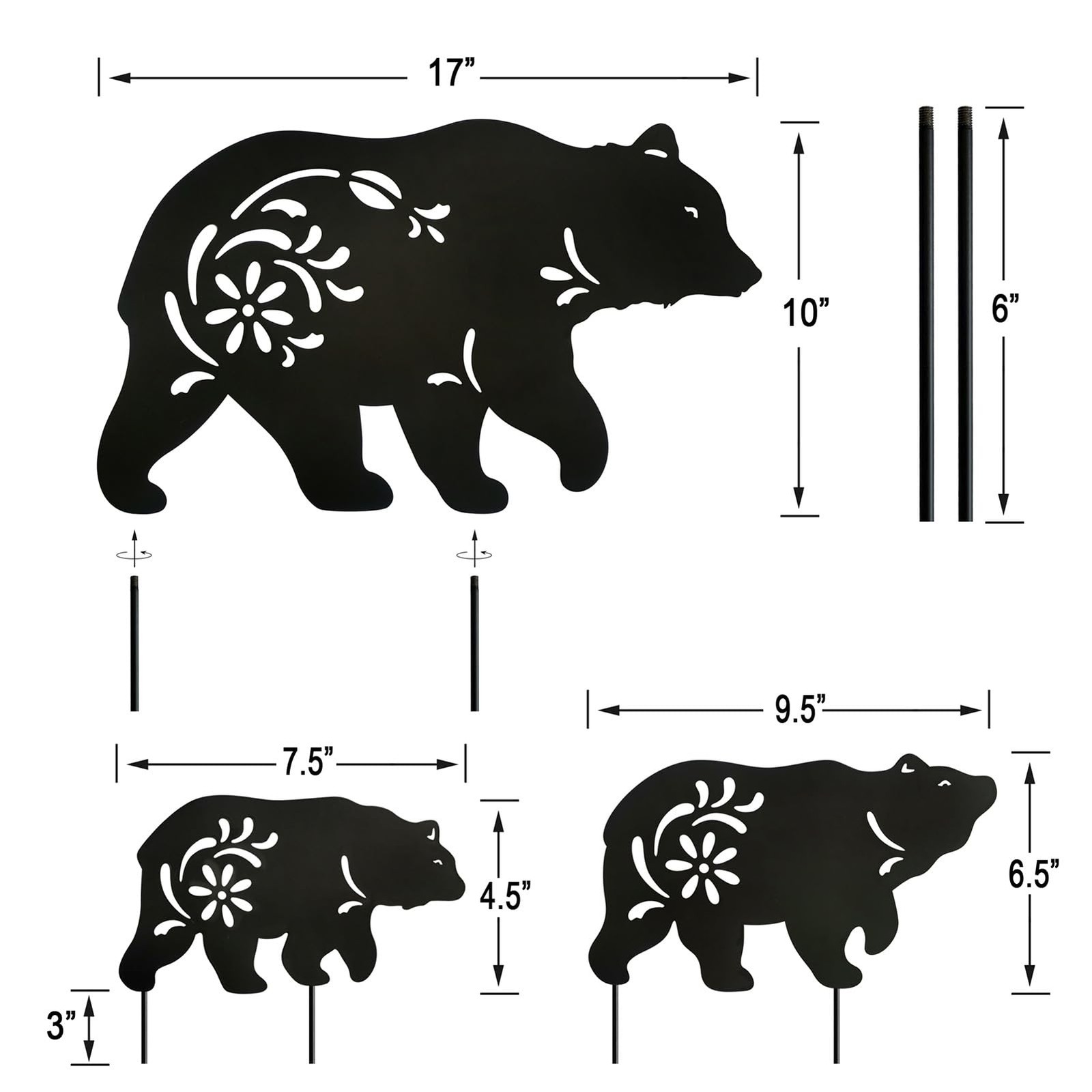 Outdoor Bear Garden Decor – Set of 3 Metal Silhouette Statues & Stakes