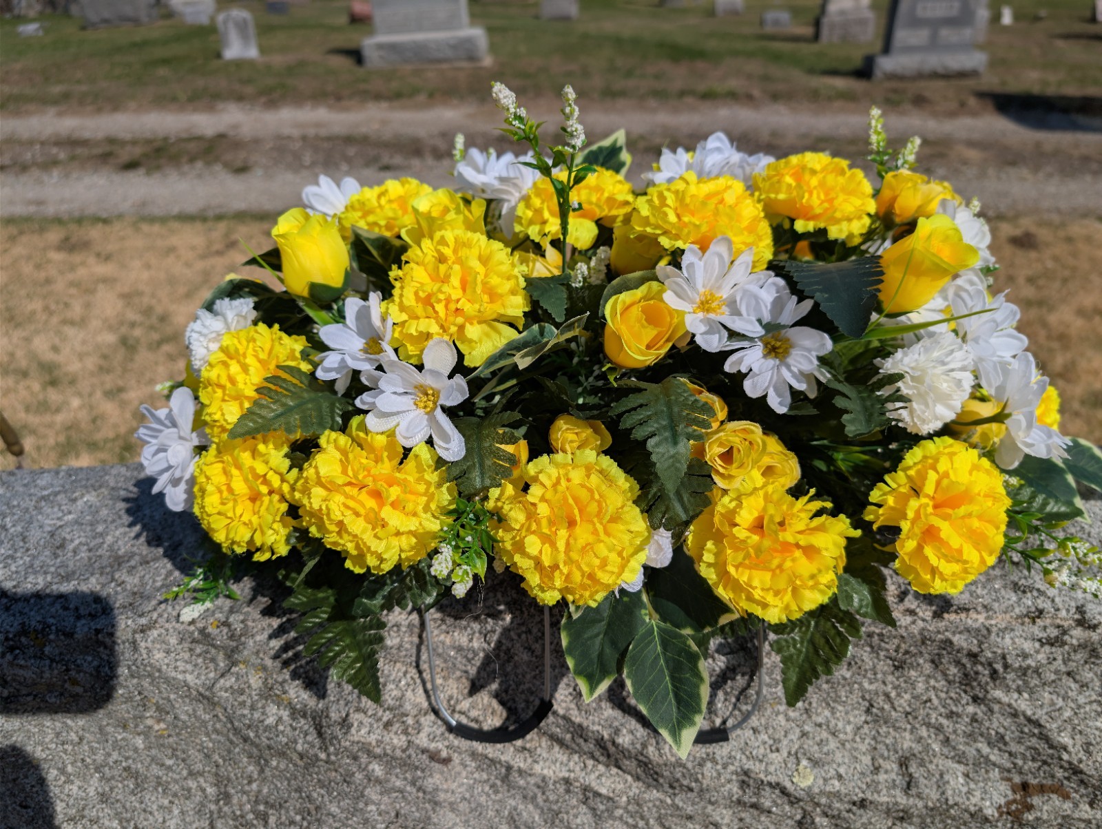 Yellow and White Cemetery Saddle Vase Set, Carnations Headstone Saddle