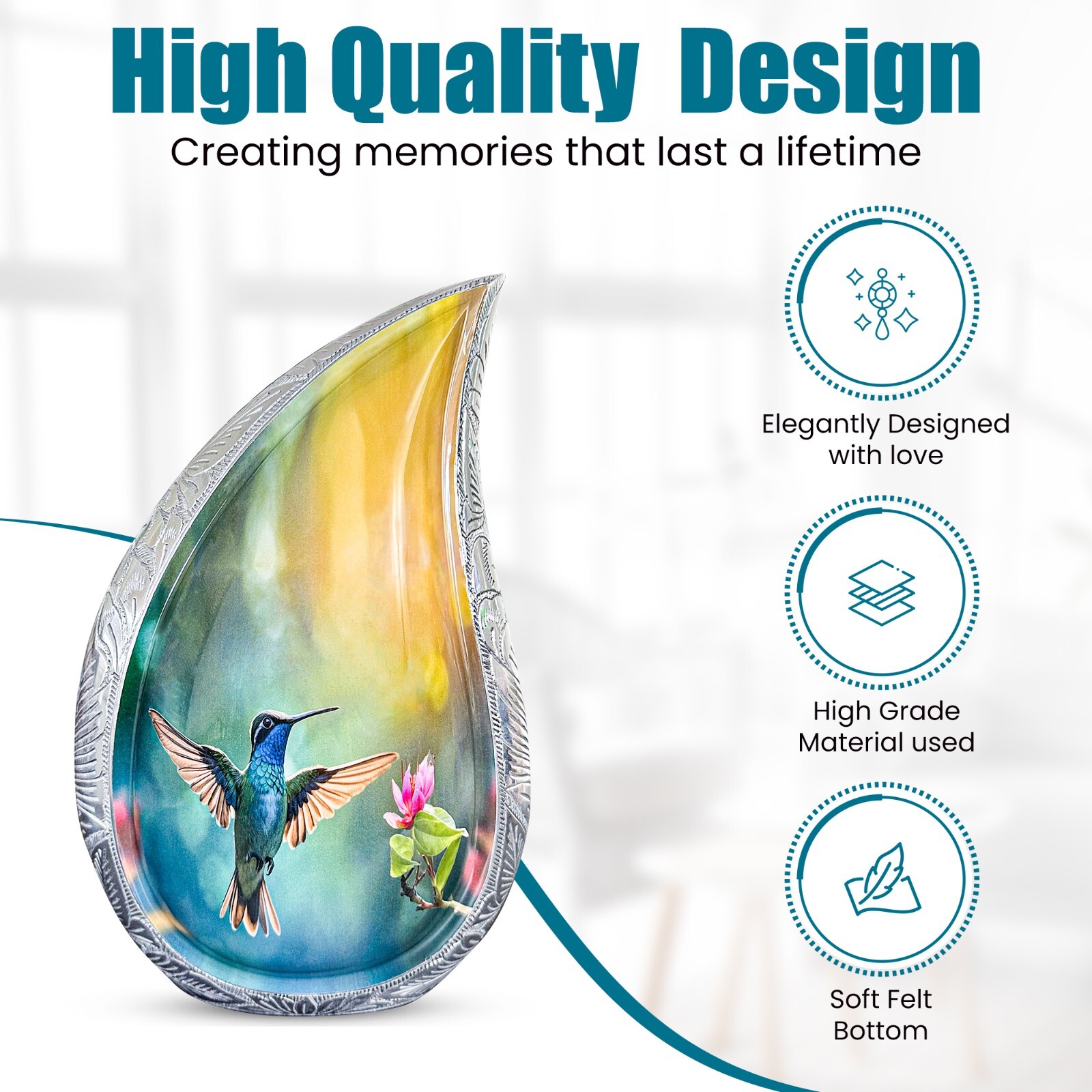 TOSENG Memorials Teardrop Urn for Ashes – Large Blue Hummingbird Cremation Urn