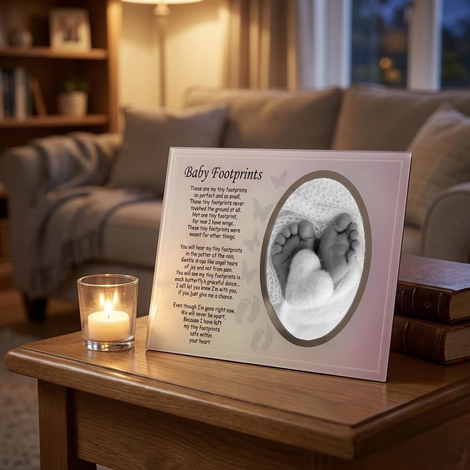 Memorial Glass Photo Frame ‘Baby Footprints’ Wording and Silver Detail