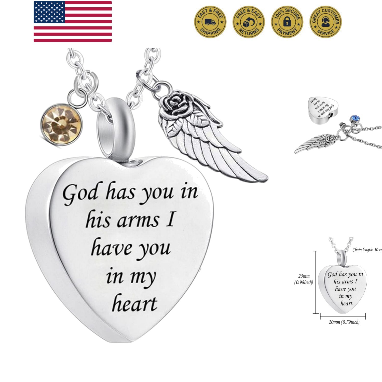 God has You in his arms with Angel Wing Charm Cremation Ashes Jewelry Keepsak…
