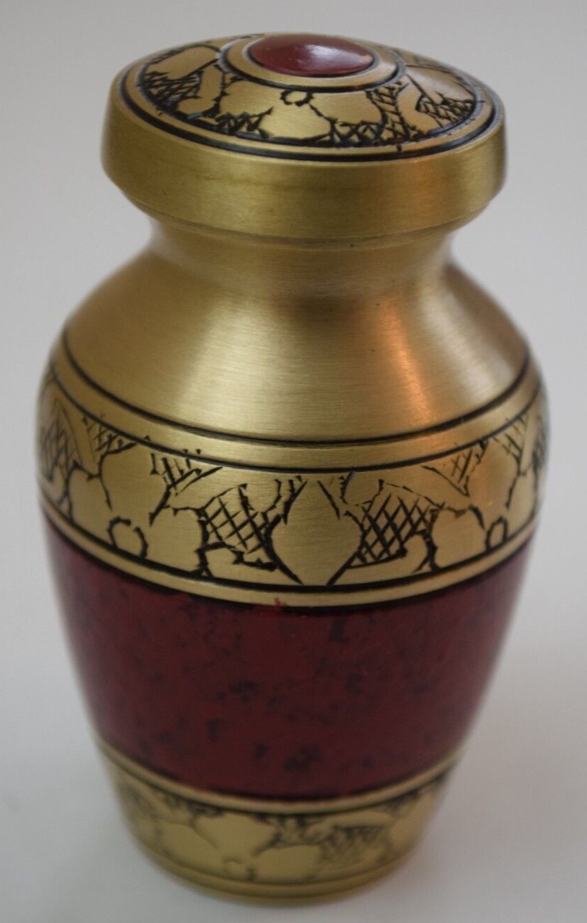 Red & Brass Cremation Keepsake Urn For Ashes 3″ – Screw On Top New w/ Felt