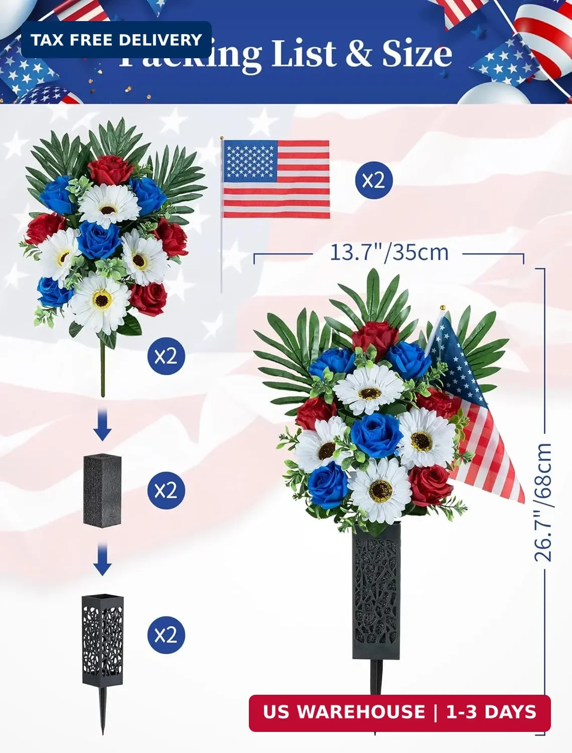 Memorial Day Flowers for Cemetery: 2 Pcs Outdoor Grave 250th Anniversary USA Dec