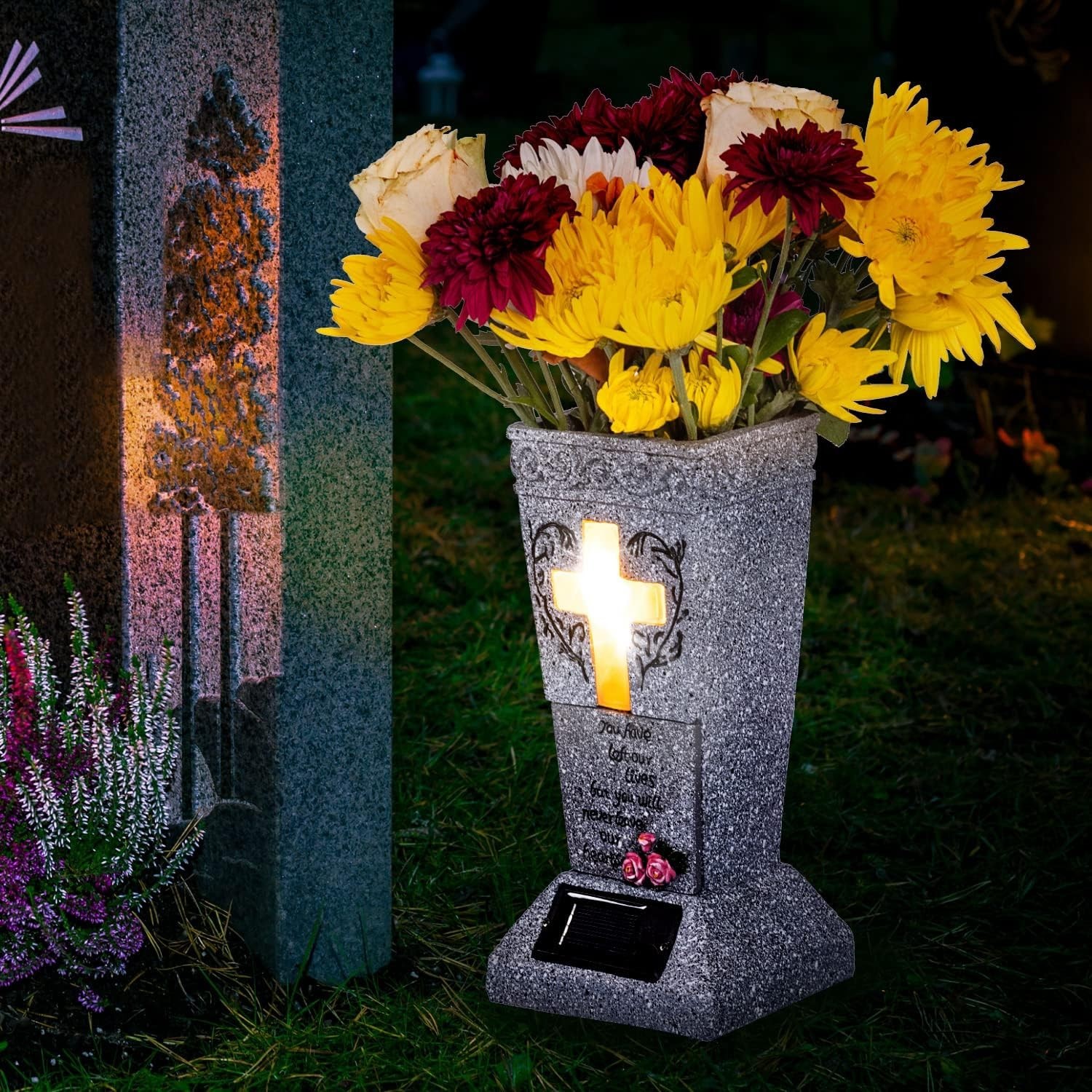Durable Resin Solar Grave Vase with LED Lighting for Fresh/Artificial Flowers