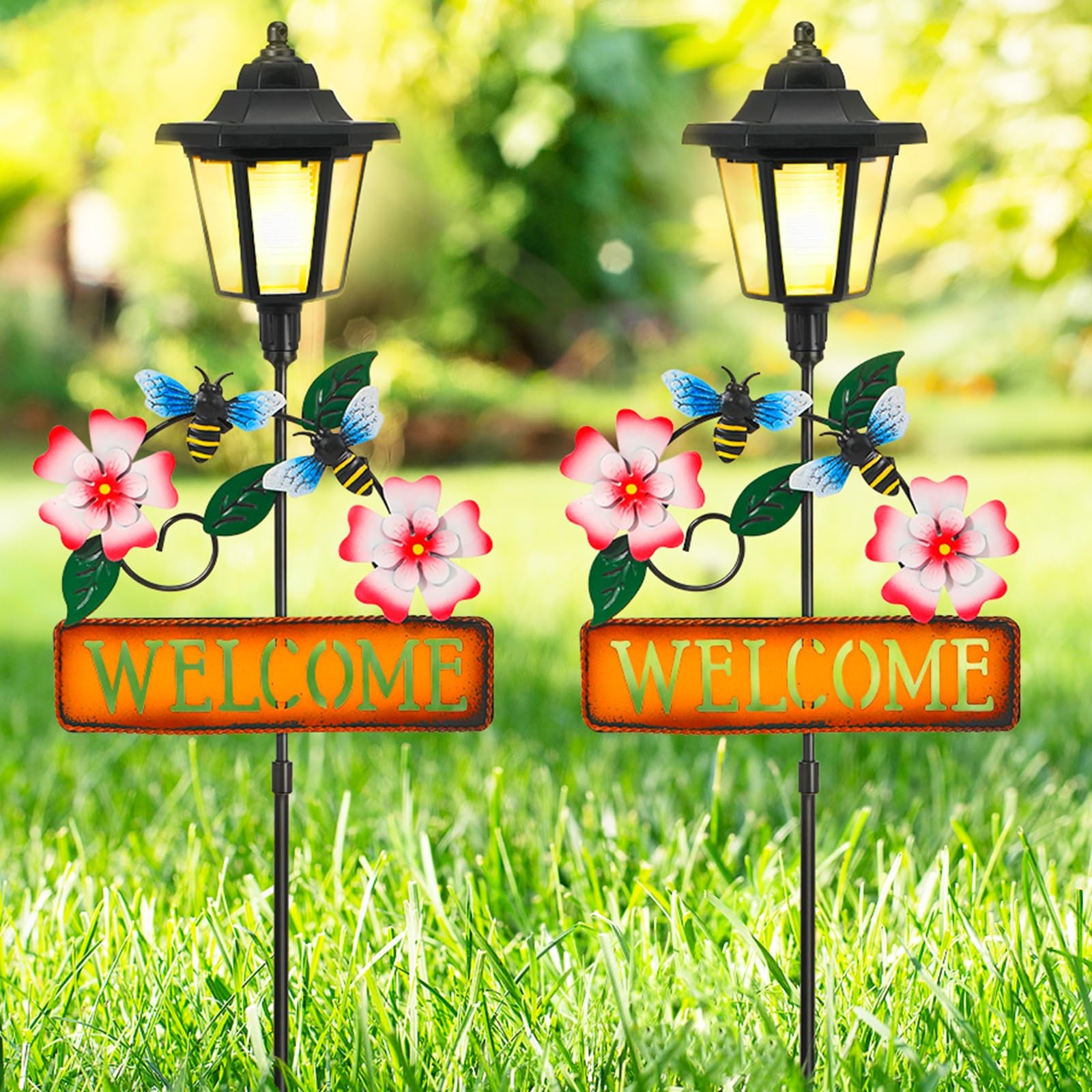 Solar Garden Lights Bee, 37.4 Inch Solar Lamp Post Light with Welcome Sign & …