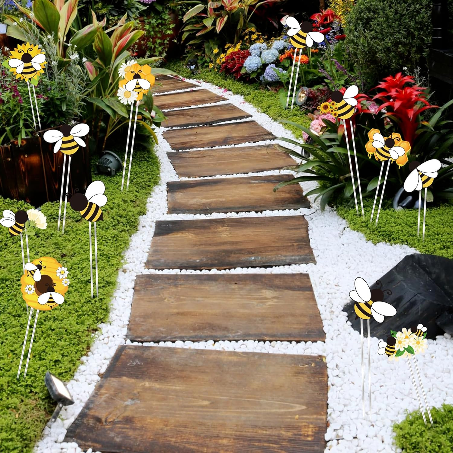 Eyxsaxenk Bee Garden Stake Decor – 12 Pcs Yellow Working Bee Art Stick Floral Pi