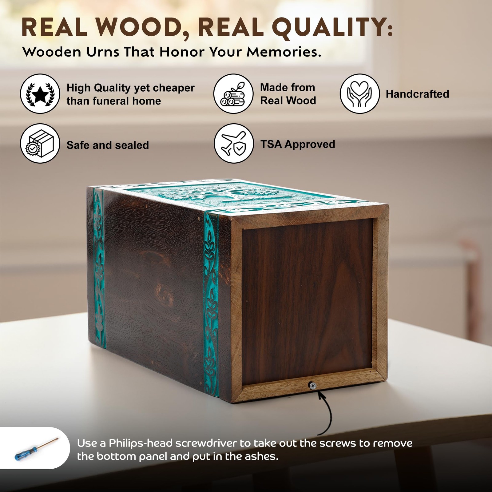 INTAJ Wooden Cremation Urns for Human Ashes – Medium (115 lbs), Teal Green