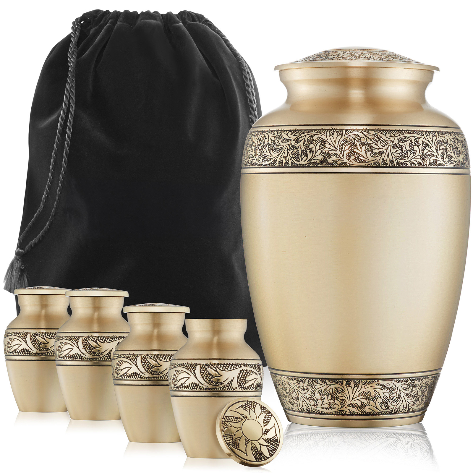 Set of 5 Floral Cremation Urns – 1 Adult + 4 Keepsake, Gold