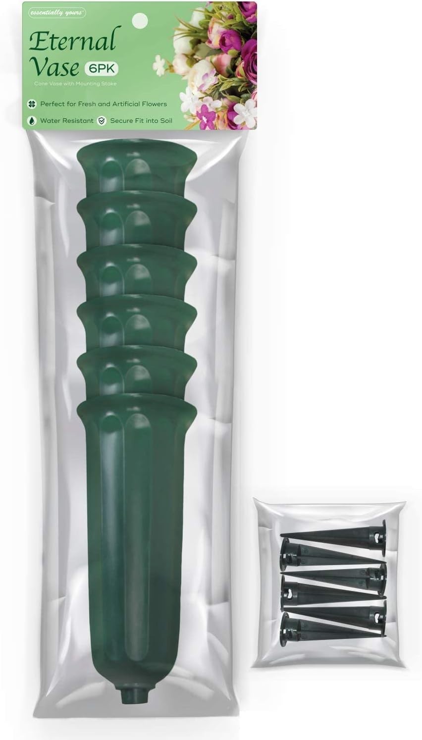 6pk Memorial Floral Vase 7 Inch Green Polypropylene Cemetery Ground Stakes