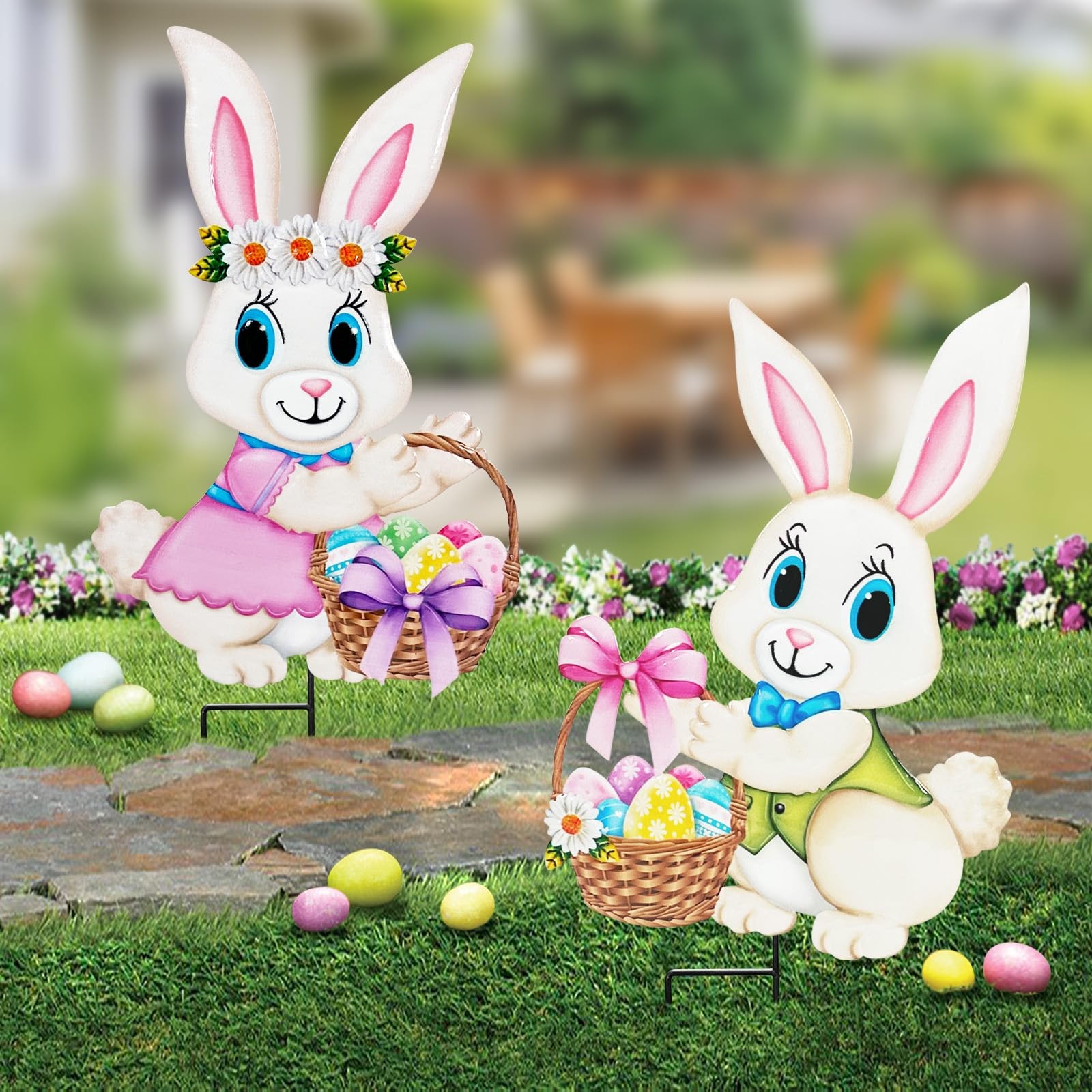 Easter Decorations Outdoor 2 Pack Metal Bunny Yard Signs & Egg Stakes