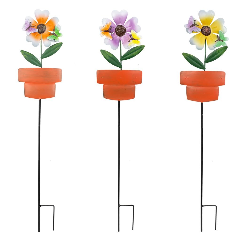 Metal Garden Stakes 3 Pack Decorative Flower Stakes for Outdoor Decor