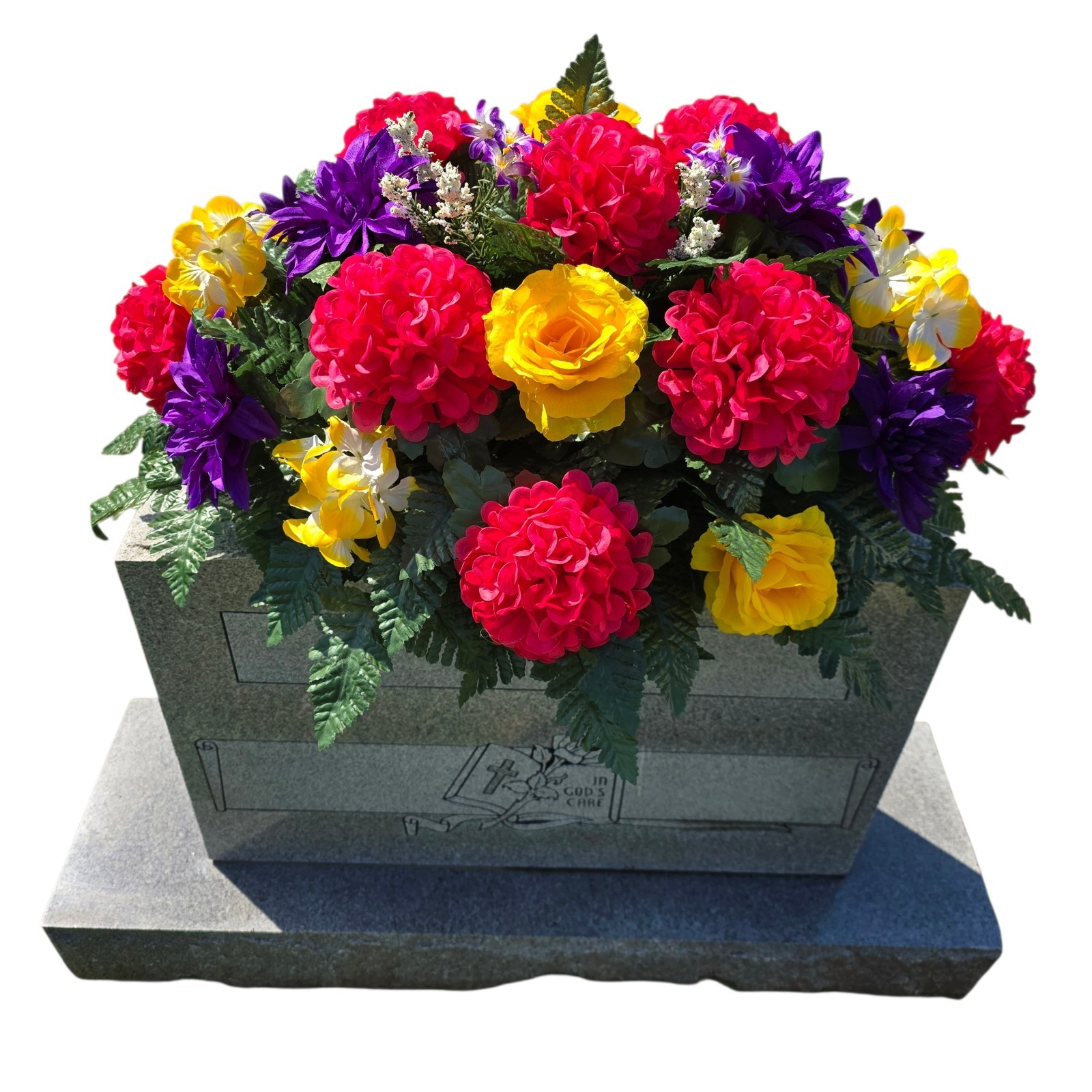 PURPLE,YELLOW, AND PINK CEMETERY HEADSTONE SADDLE WITH CEMETERY FLOWERS