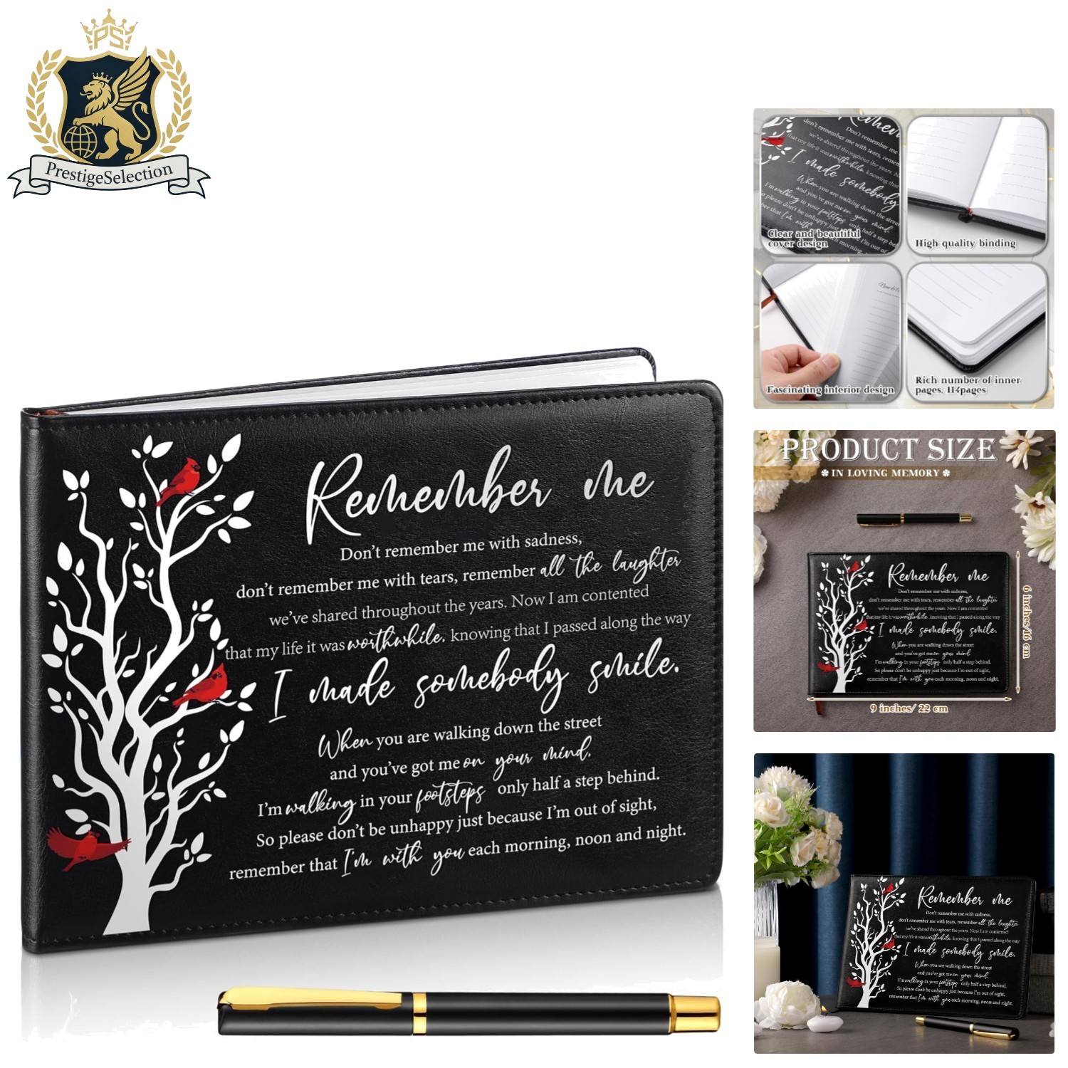 Durable Leather Funeral Guest Book with 144 Pages & Elegant Cardinal Design