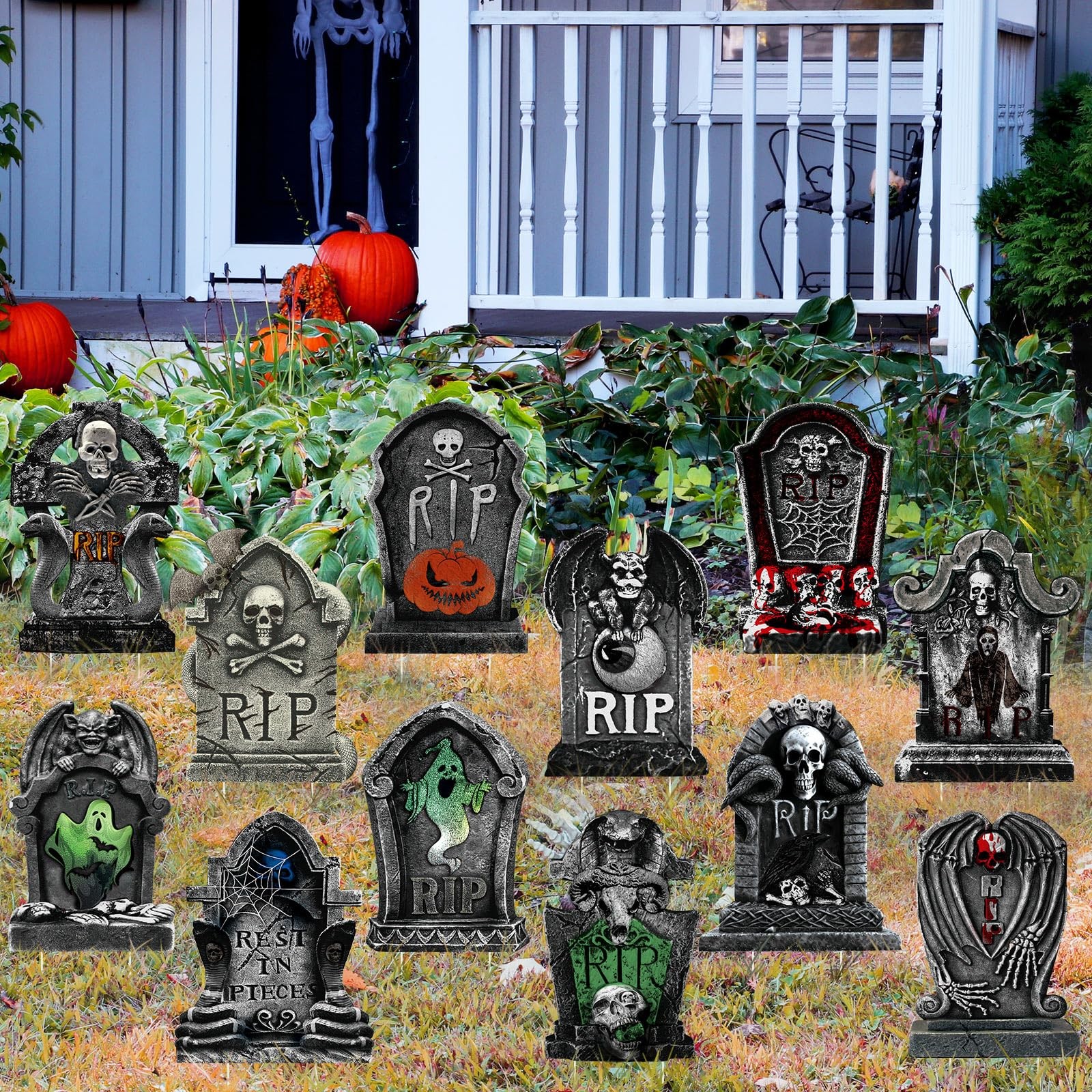 12 Pack 15″ Halloween Graveyard Tombstone Yard Sign Halloween Decorations Out…
