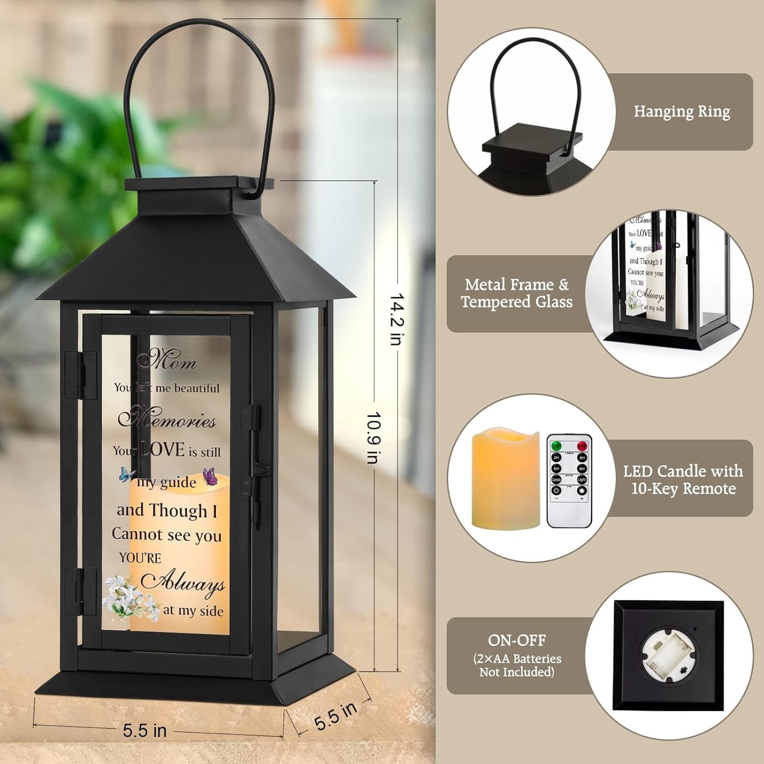 Elegant Memorial Lantern for Loss of Mother with Remote LED Candle – 14.2 Inches