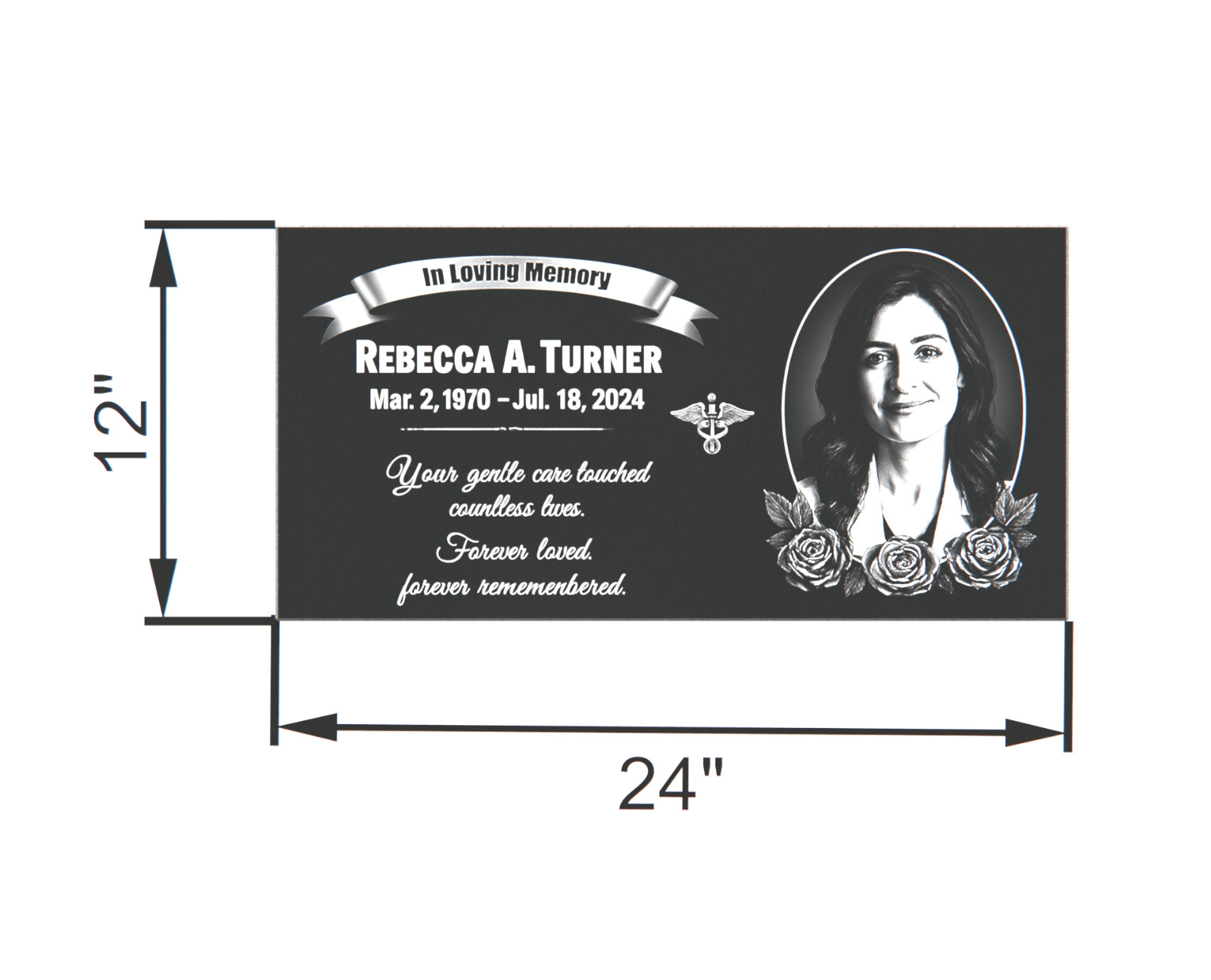 Custom Black Granite Headstone 24x12x4 – Portrait Memorial with Medical sign