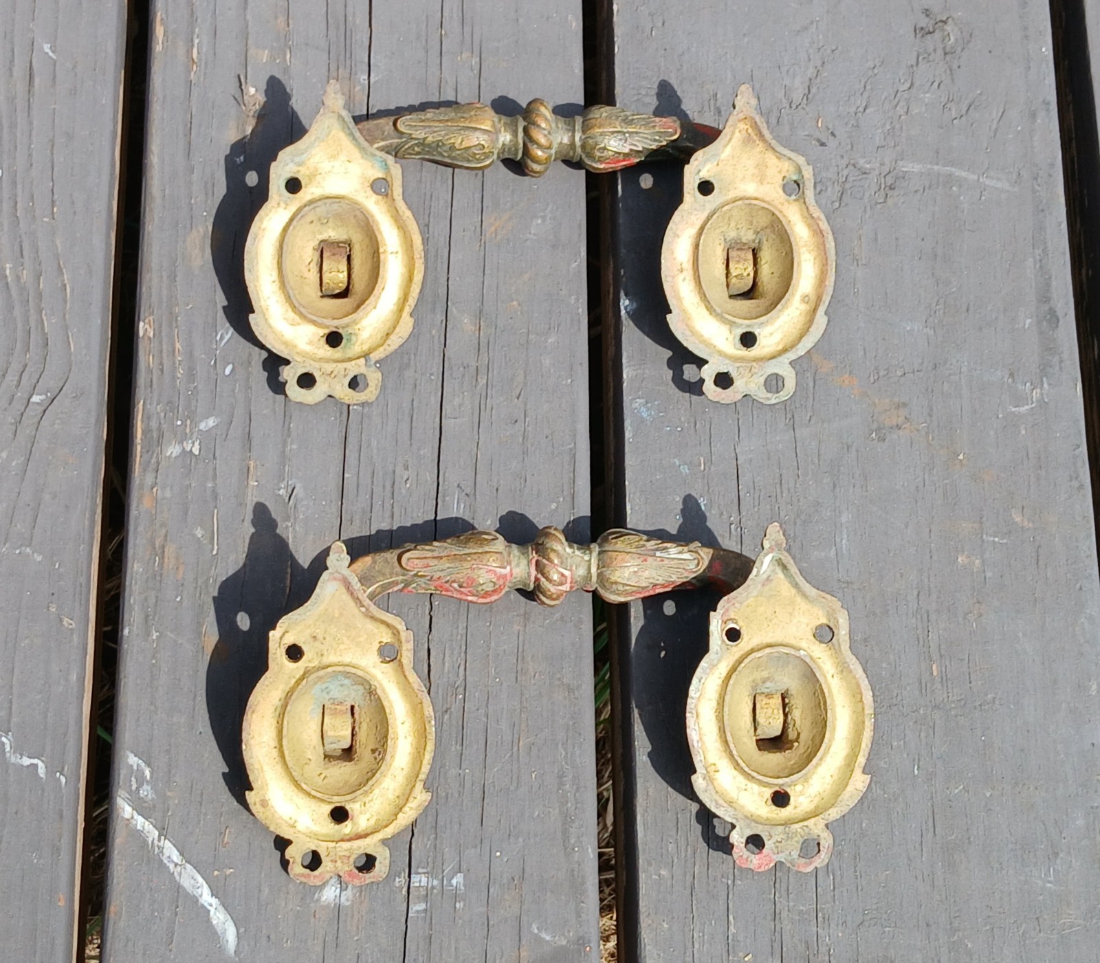 Antique Pair Heavy Cast Brass Hearse or Casket Backplates with Bail Handles 1880